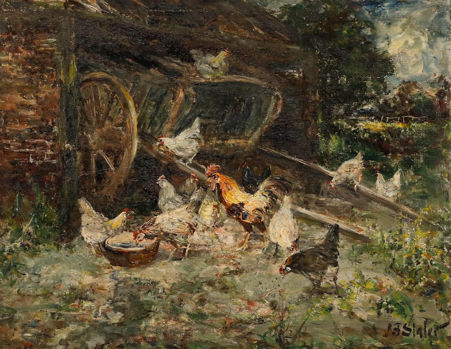 John Falconer Slater (1857-1937) - Olio, Galline e galli da latte - Painting di Unknown