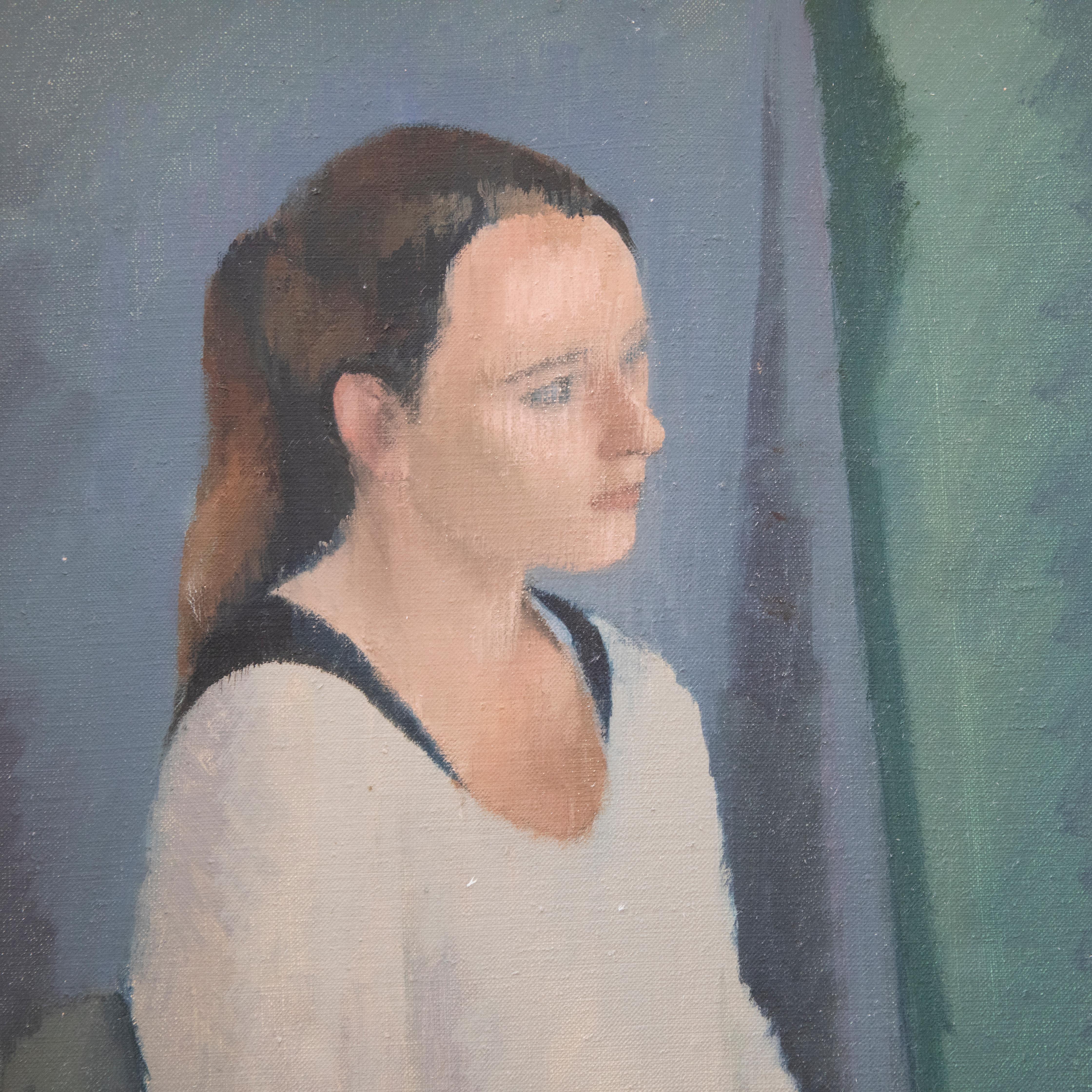 Portrait minimaliste de la jeune Helen, regardant avec intention vers la gauche. Bien présenté dans un cadre rose pâle. Signé et titré au verso. Sur toile sur châssis. 
