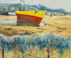 John Gillott - Framed 20th Century Oil, Fishing Boats at Low Tide