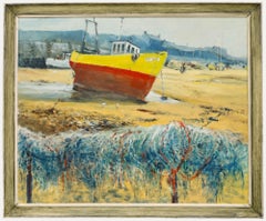 John Gillott - Framed 20th Century Oil, Fishing Boats at Low Tide