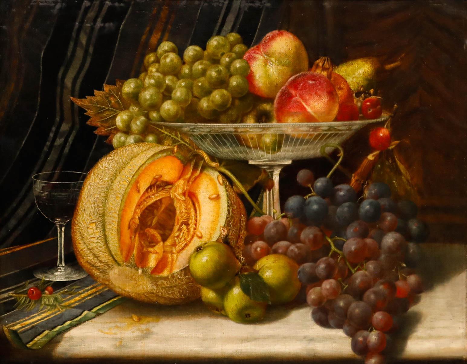 John H. Dunham - Olio della fine del XIX secolo, Natura morta con frutta in una composta di vetro - Painting di Unknown