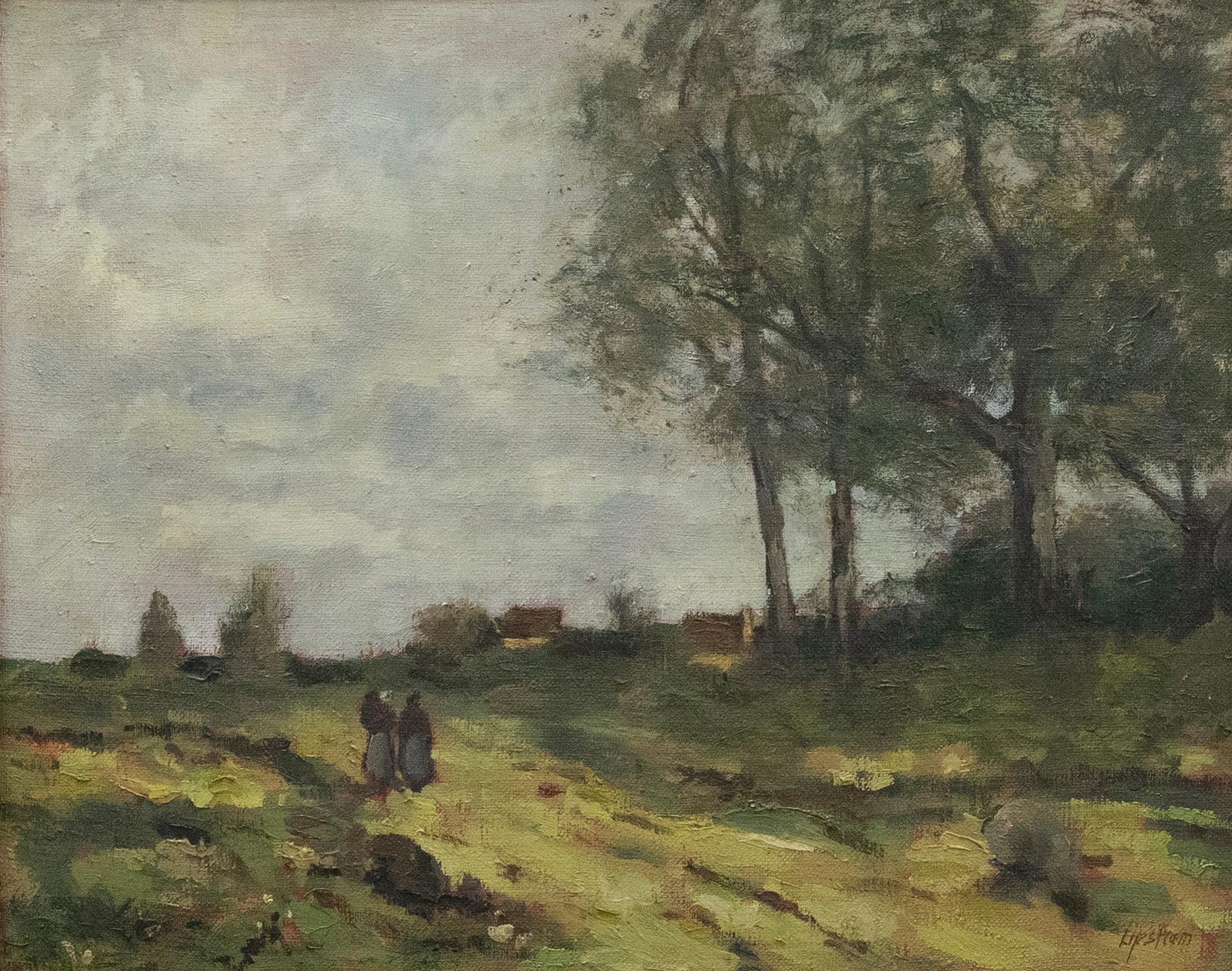 John Lipsham (nato nel 1944) - Olio contemporaneo incorniciato, Figure accanto ad alberi di bosco - Painting di Unknown