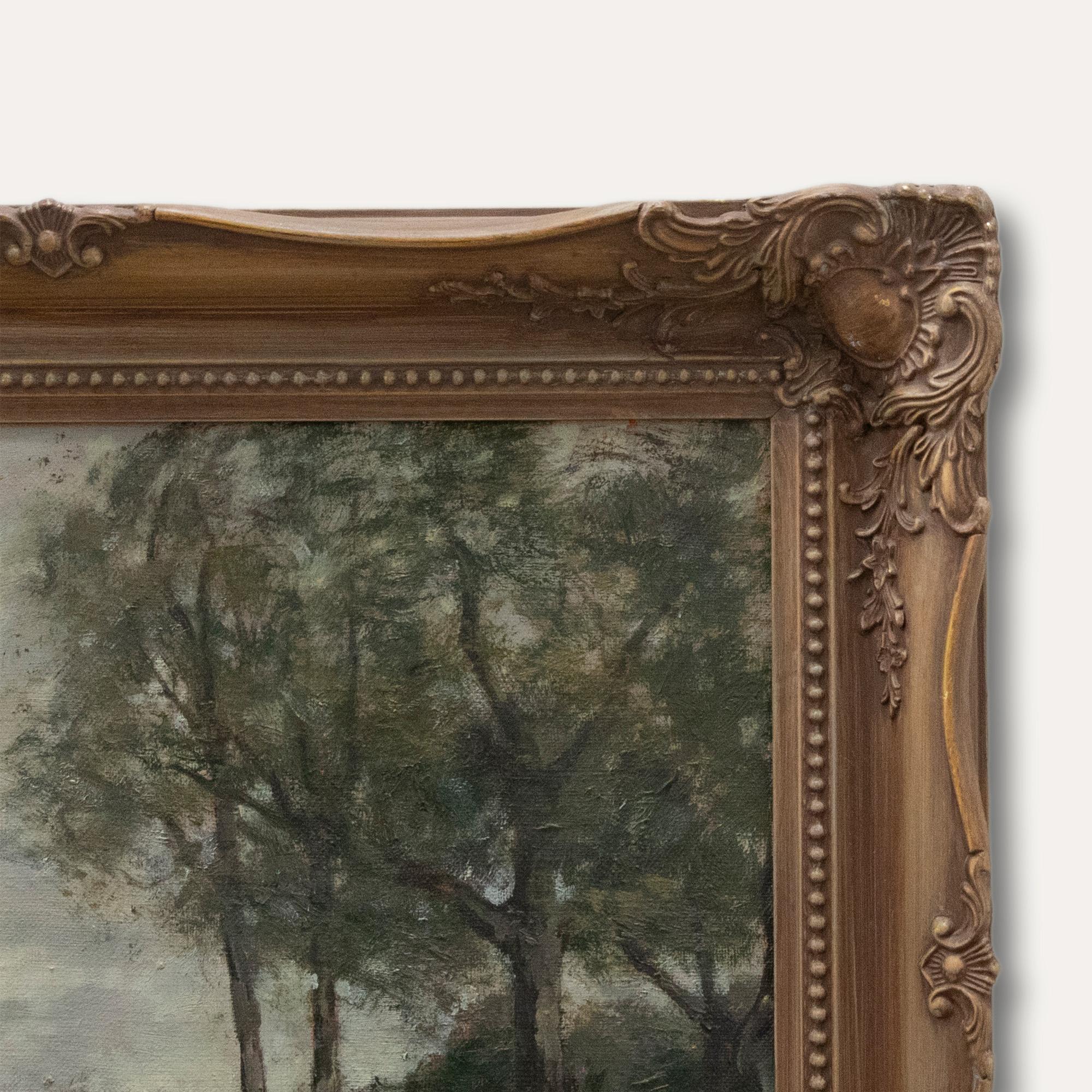 John Lipsham (nato nel 1944) - Olio contemporaneo incorniciato, Figure accanto ad alberi di bosco - Landscape Painting Marrone di Unknown