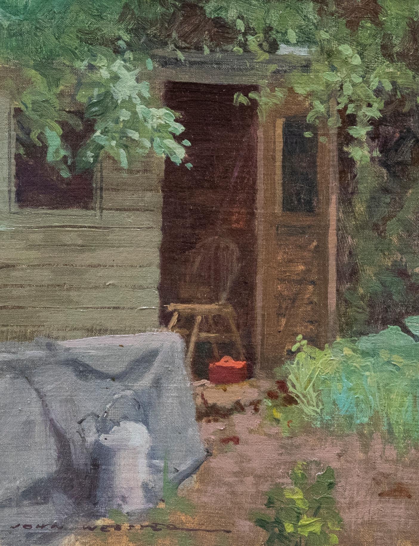John Morrison Webster RSMA (1932-2020) - Framed Oil, The Garden Shed - Painting by Unknown