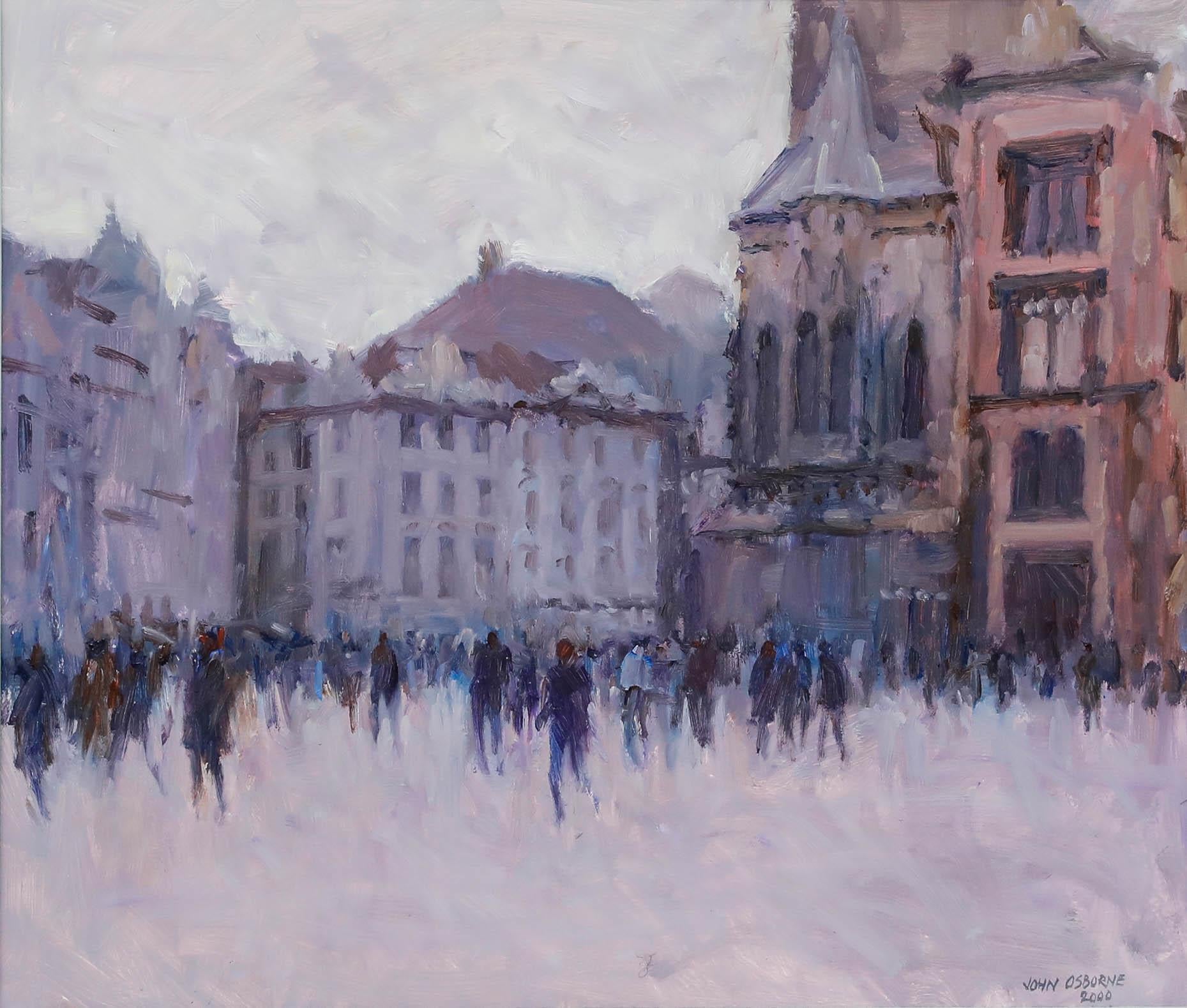 John Osborne (geb. 1939) - Gerahmtes zeitgenössisches Öl, Menschenmenge auf dem Platz – Painting von Unknown