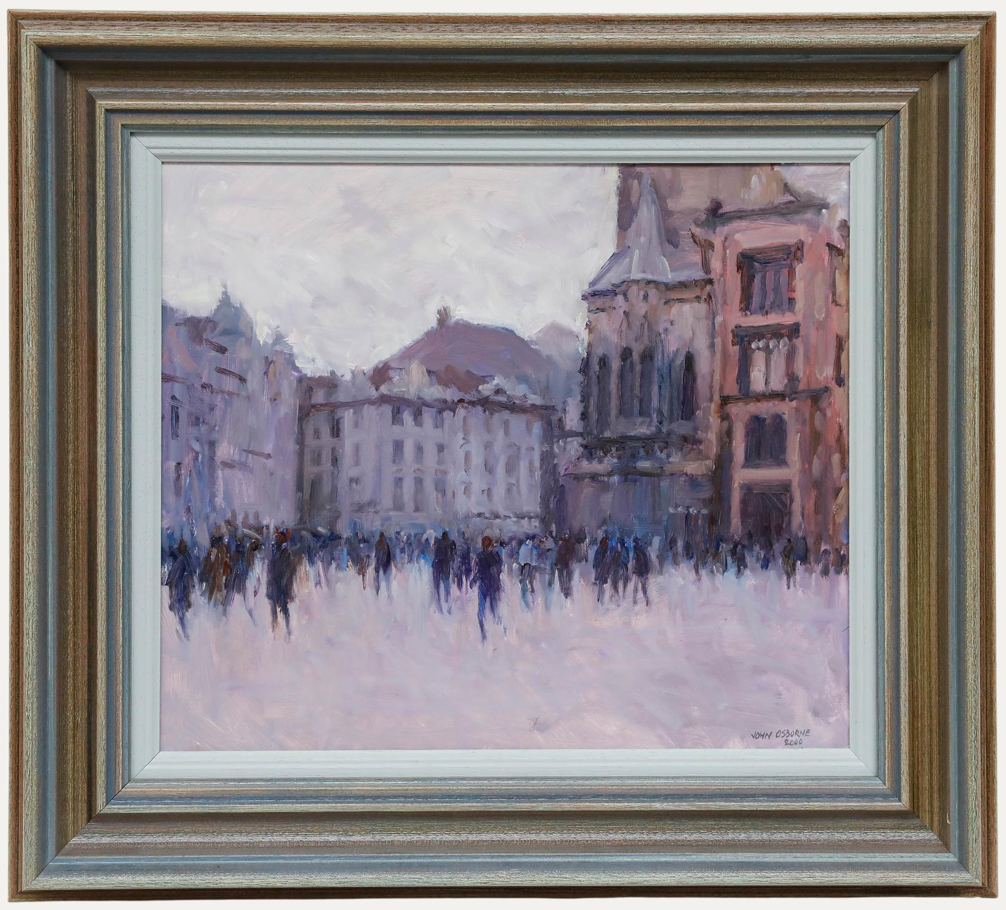 Unknown Landscape Painting – John Osborne (geb. 1939) - Gerahmtes zeitgenössisches Öl, Menschenmenge auf dem Platz