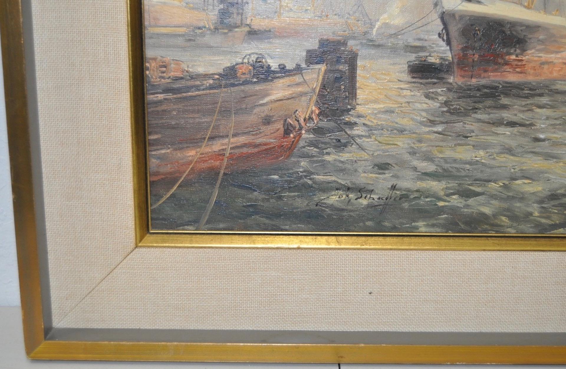 Jan Schaeffer (1923-2018) Ships in Port Peinture à l'huile originale des années 1930 - Impressionnisme Art par Unknown