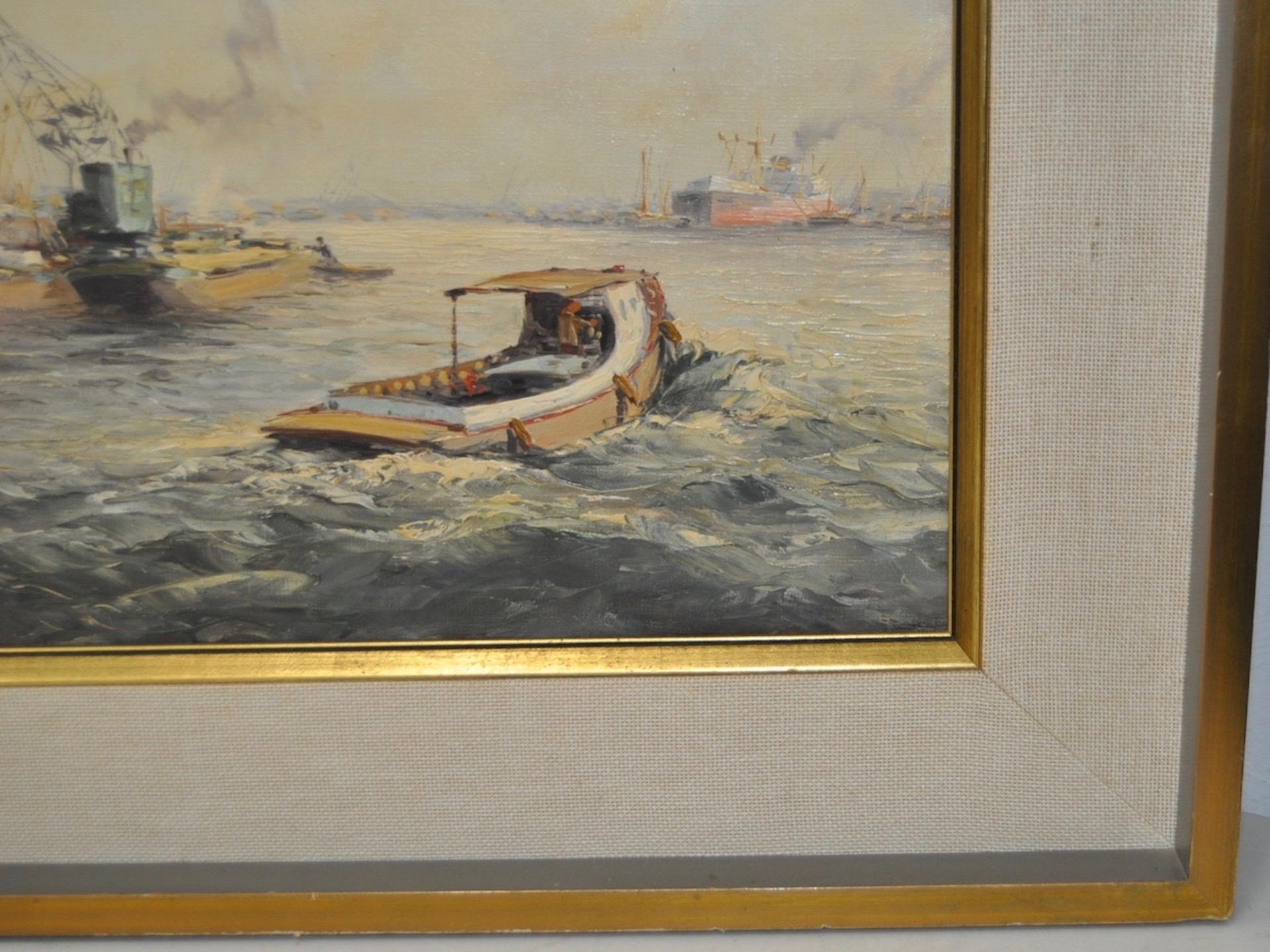 Jan Schaeffer (1923-2018) Ships in Port Peinture à l'huile originale des années 1930 en vente 2