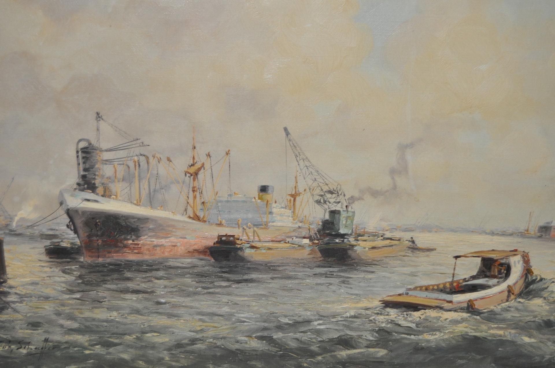 Jan Schaeffer (1923-2018) Ships in Port Peinture à l'huile originale des années 1930 en vente 3