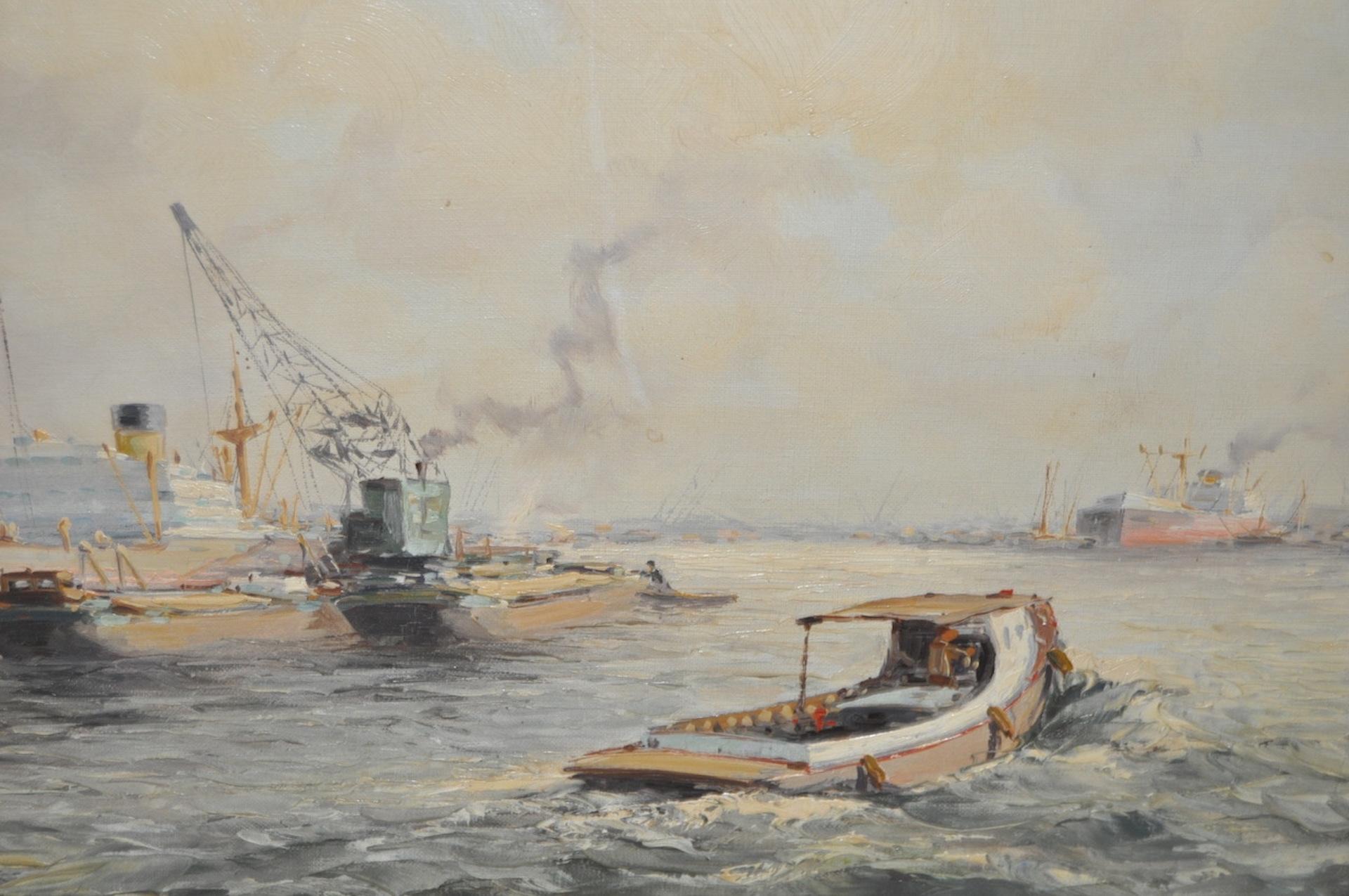 Jan Schaeffer (1923-2018) Ships in Port Peinture à l'huile originale des années 1930 en vente 4