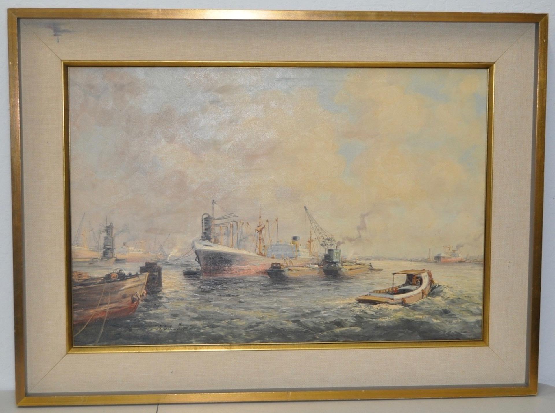 Jan Schaeffer (1923-2018) Ships in Port Peinture à l'huile originale des années 1930 - Art de Unknown