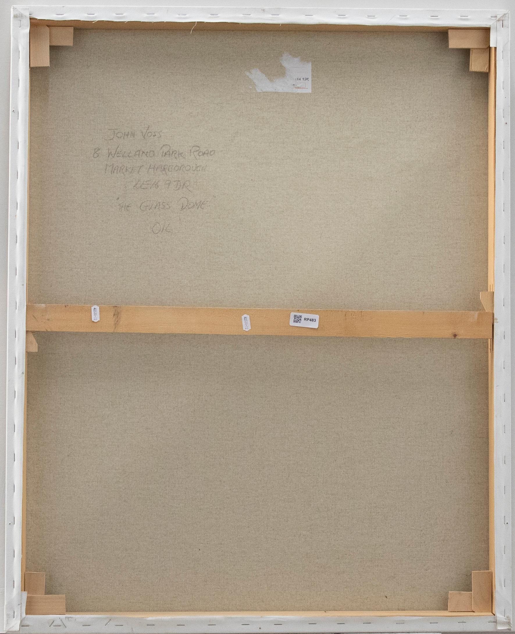 A striking 20th Century still life, combining Surrealism with exquisitely painted trompe-l'œil. The surrealist still life shows a Roman gladiator helmet, floating strangely in the middle of a fragmented square of canvas stretchers. The vibrant