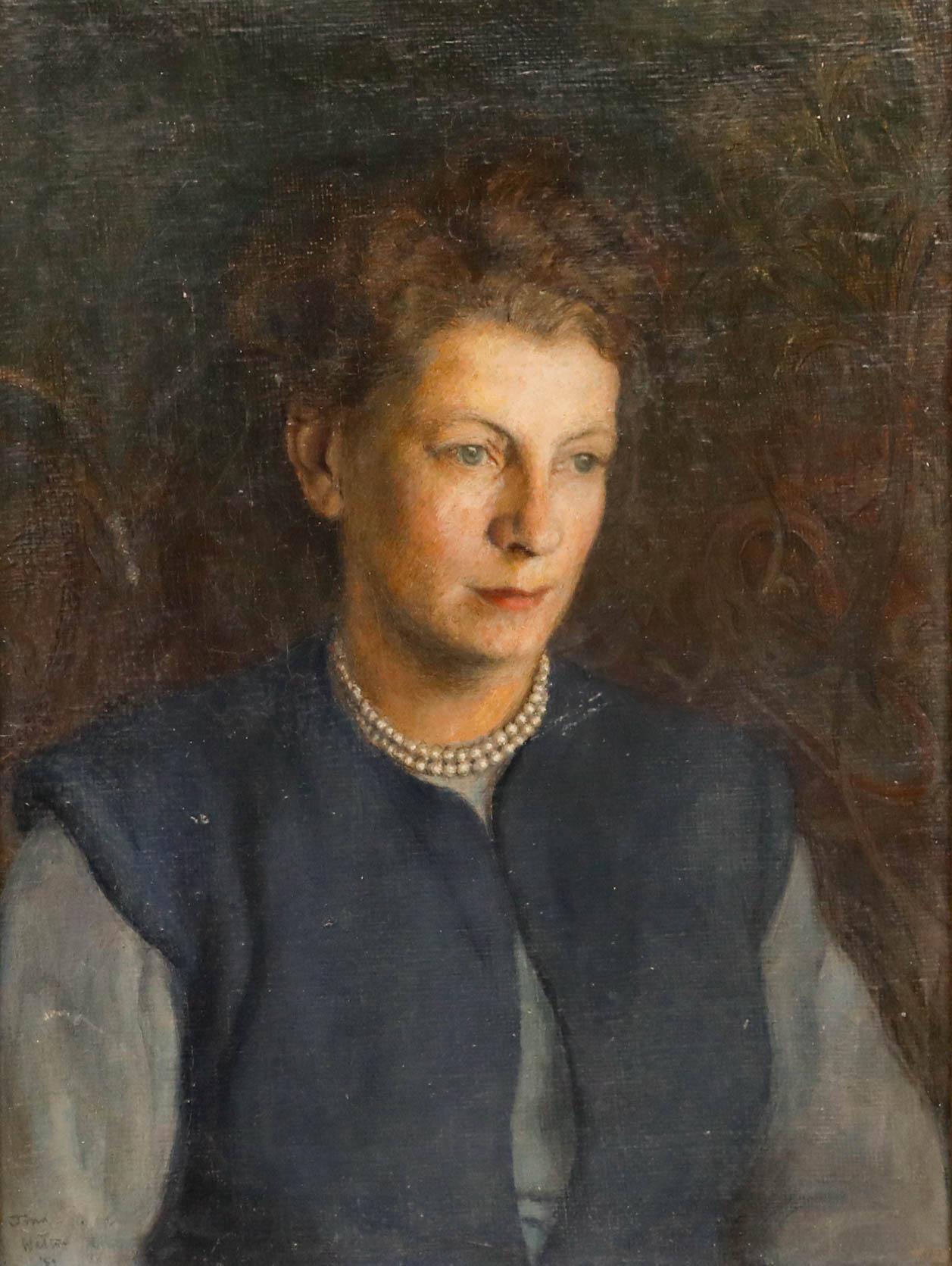 John Walton RP (1925-2023) - 1950 Huile, Dame en bleu - Painting de Unknown