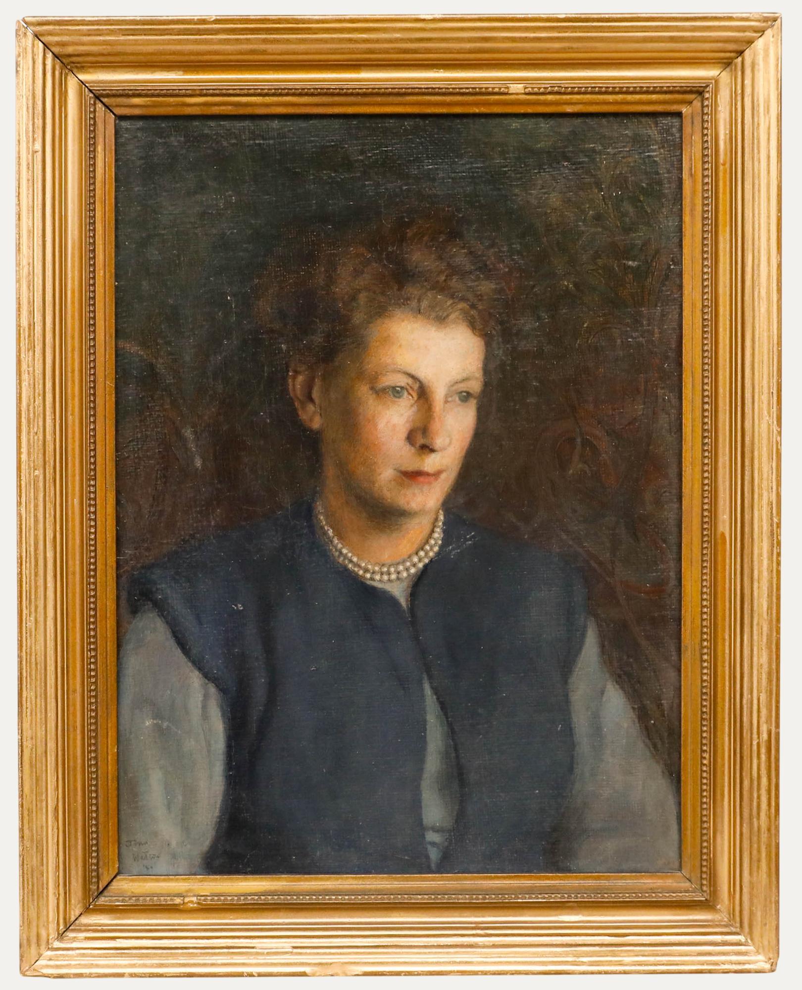Portrait Painting Unknown - John Walton RP (1925-2023) - 1950 Huile, Dame en bleu