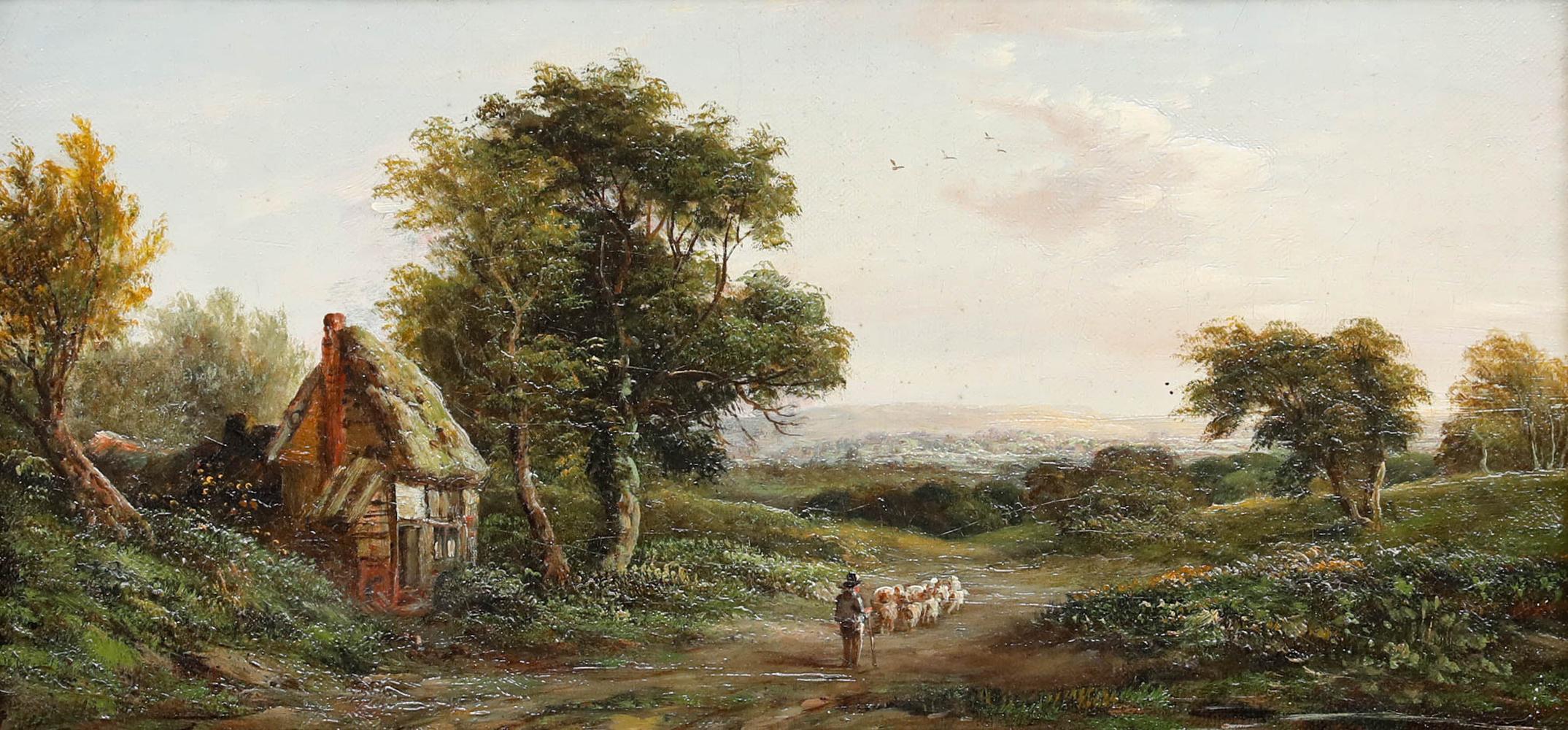 John Westall (fl.1873-1893) - Gerahmtes Ölgemälde des späten 19. Jahrhunderts, „Moving the Flock“ – Painting von Unknown