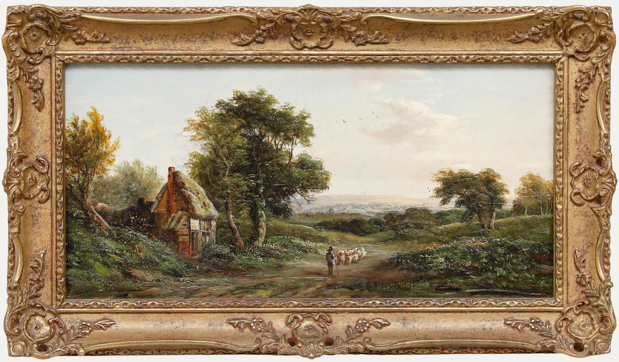 John Westall (fl.1873-1893) - Huile encadrée, fin du 19e siècle, Moving the Flock