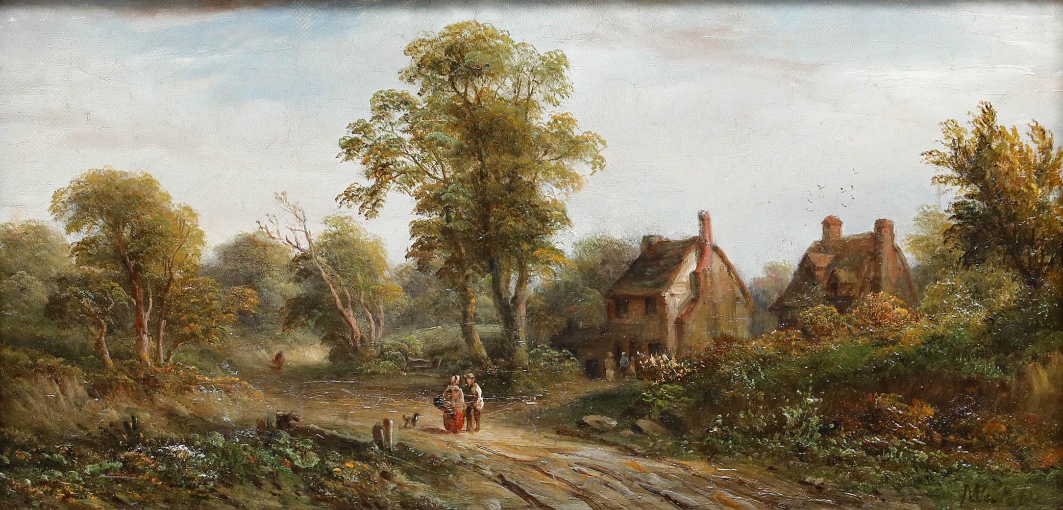 John Westall (fl.1873-1893) - Gerahmtes Ölgemälde, Gespräche vor einem Bauernhof – Painting von Unknown