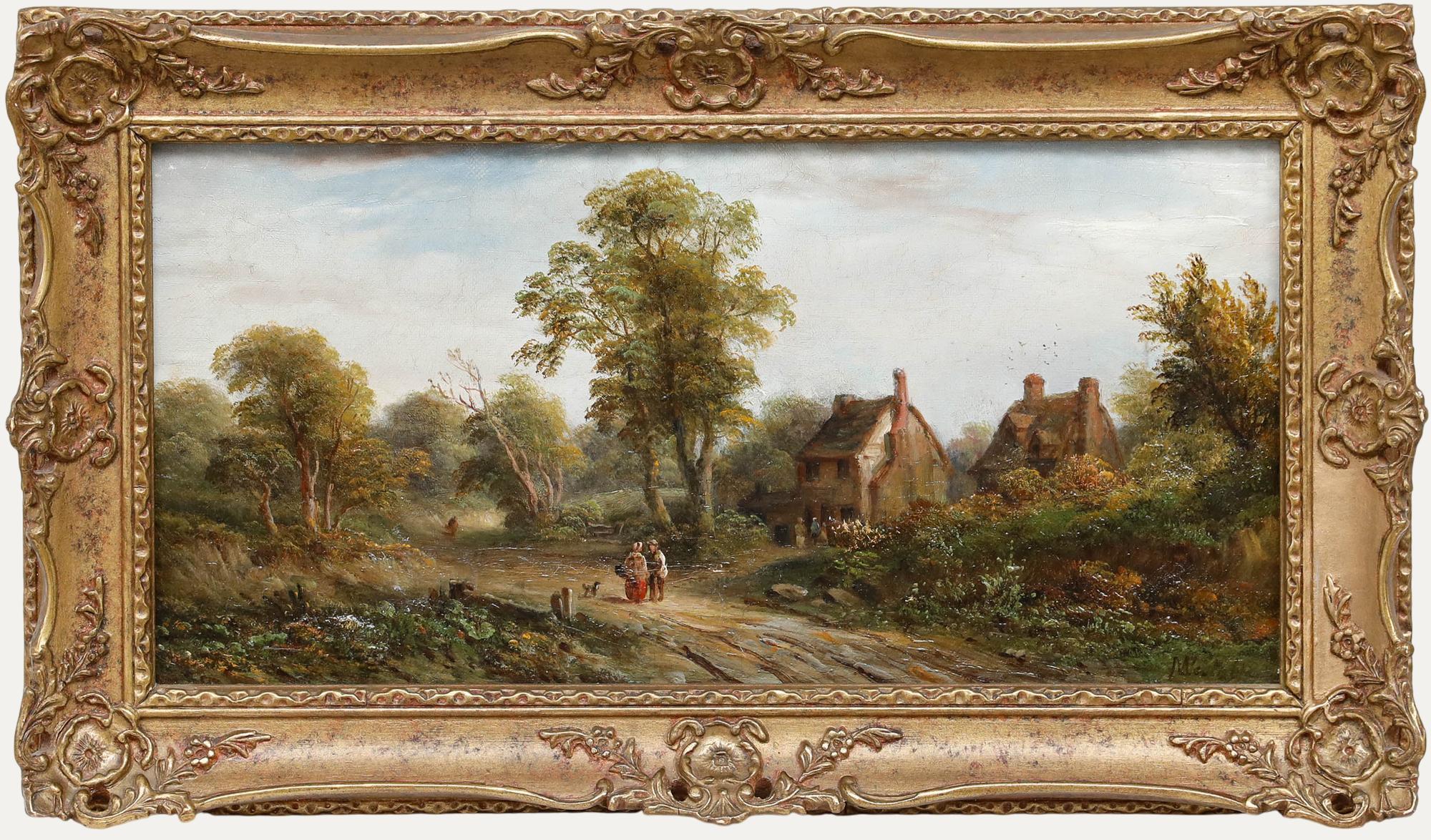 John Westall (fl.1873-1893) - Huile encadrée, conversations avant une ferme