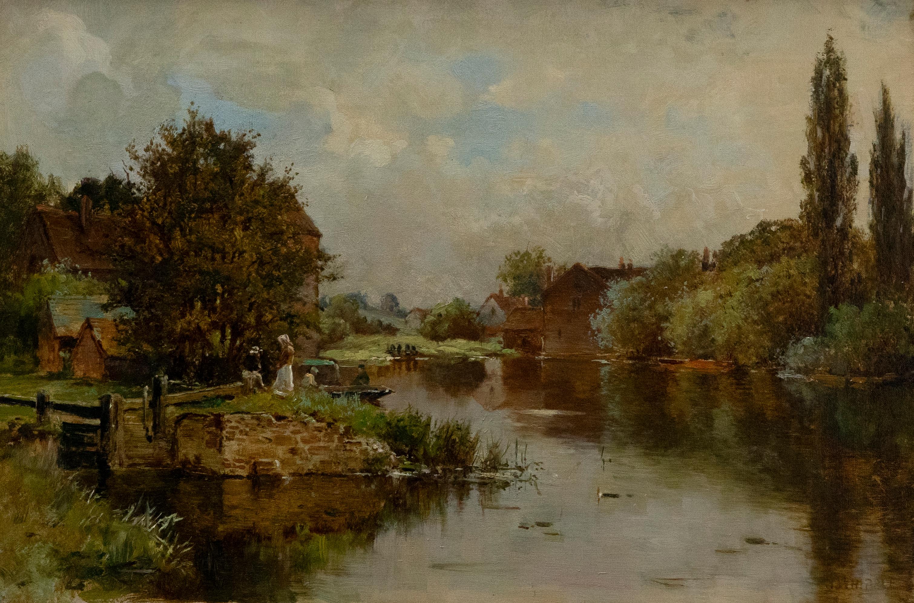 John Whipple (fl.1873-1896) - Gerahmtes Ölgemälde, Eine Flusssicht mit Figuren – Painting von Unknown