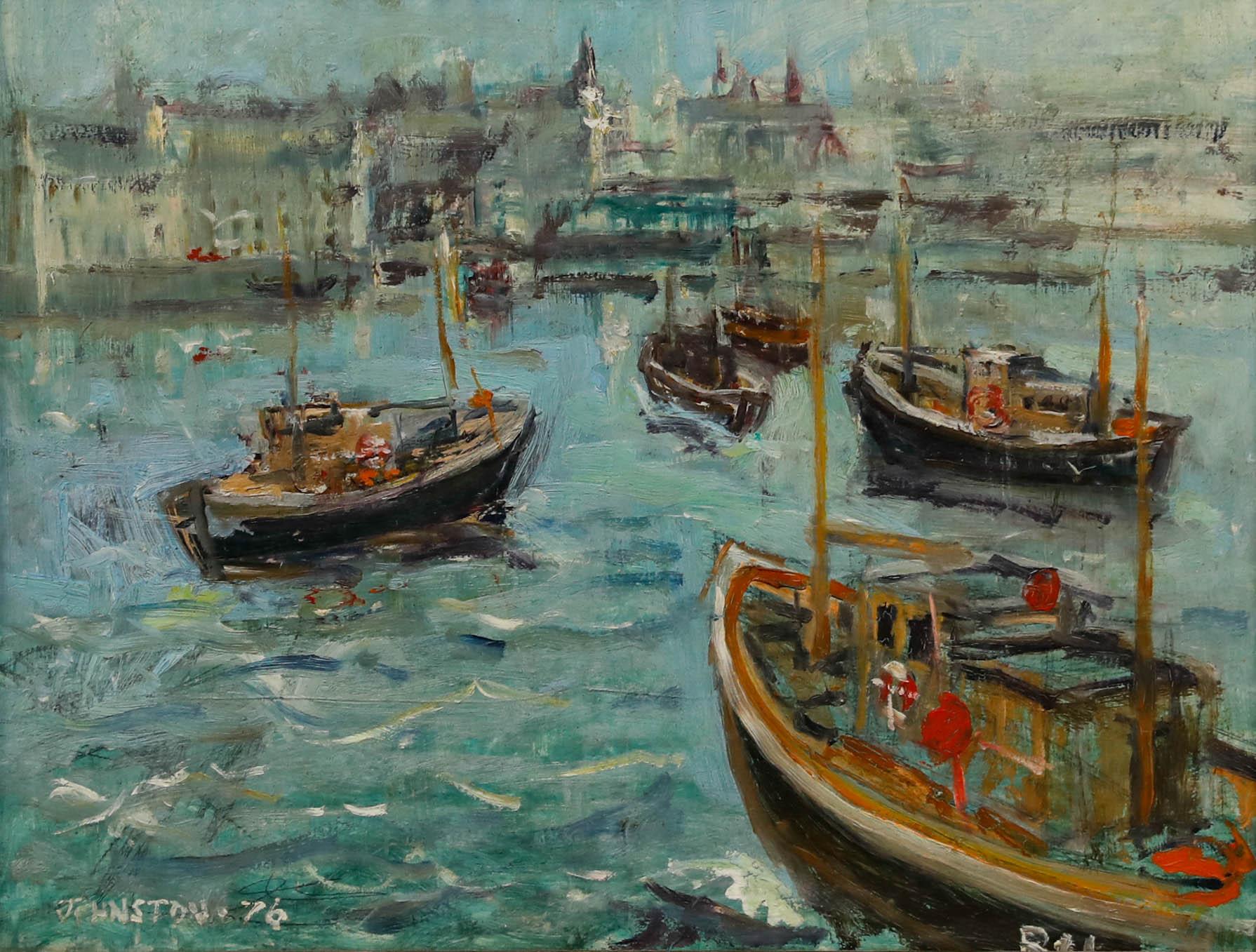 Johnston - Gerahmtes Öl des 20. Jahrhunderts, Einfahrt in den Hafen – Painting von Unknown