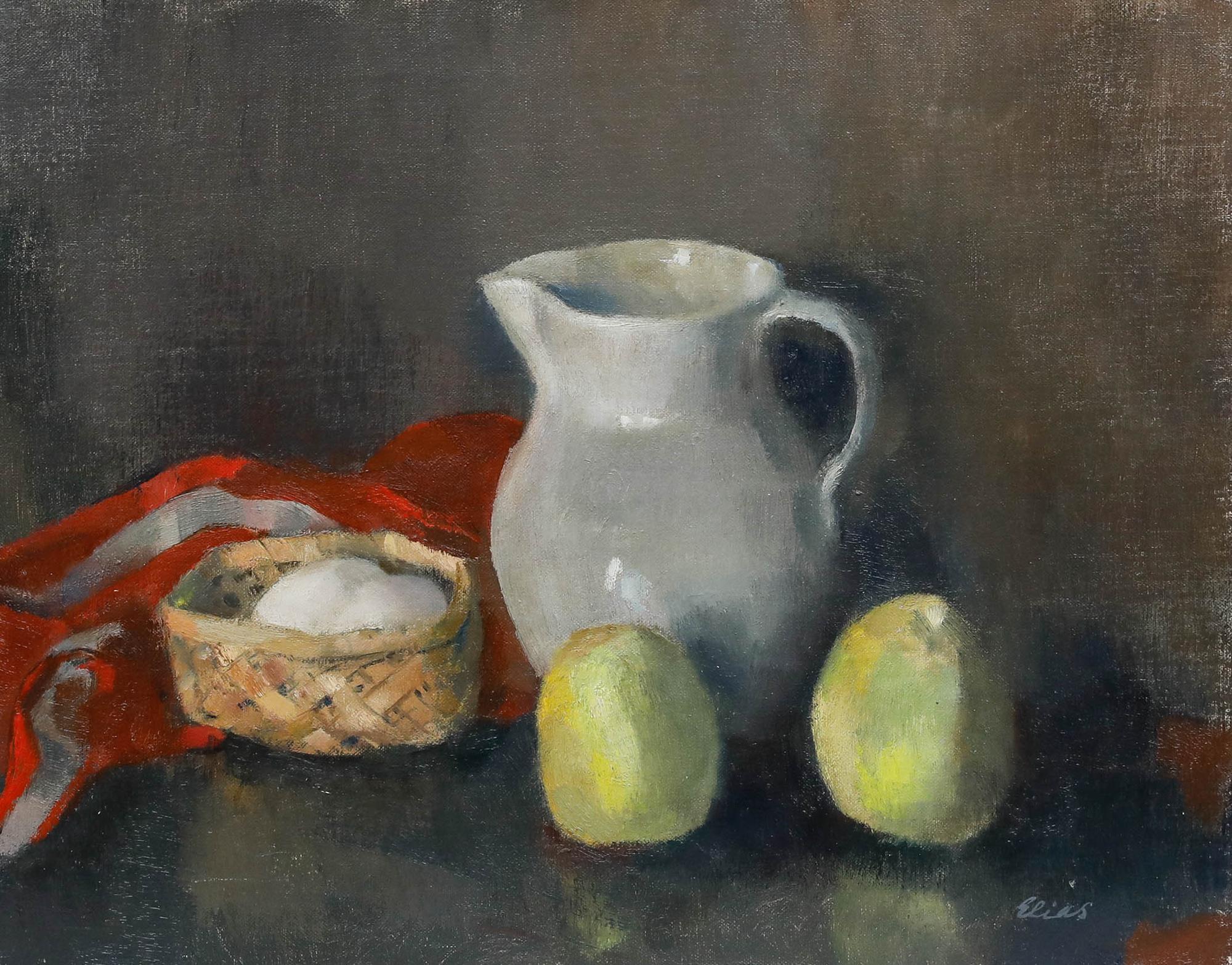 Joke Hartman-Elias (1906-2004) - Mitte 20. Jahrhundert Öl, Krug, Äpfel und Eier – Painting von Unknown