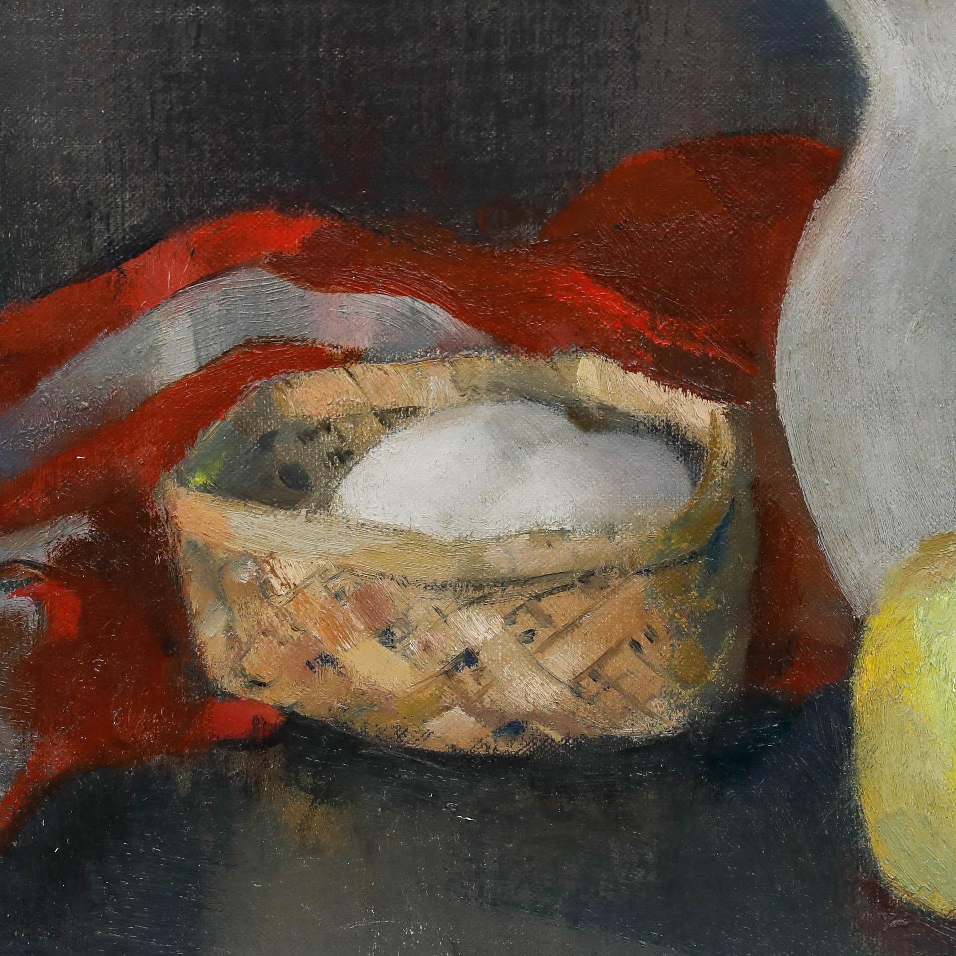 Joke Hartman-Elias (1906-2004) - Mitte 20. Jahrhundert Öl, Krug, Äpfel und Eier im Angebot 1