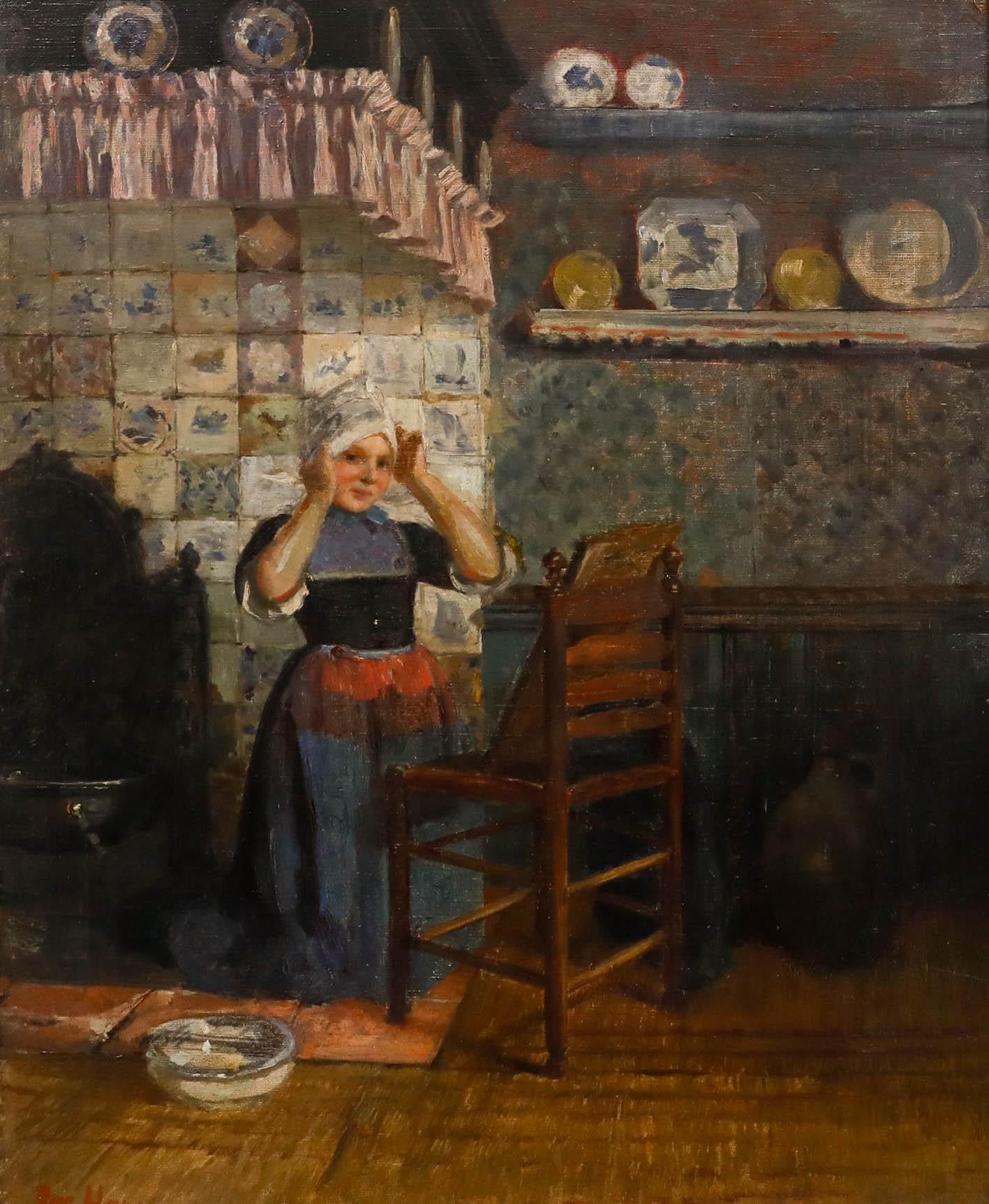 Jokob Happ (1861-1936) - Fin du XIXe siècle Huile, Une jeune fille à Delft - Painting de Unknown