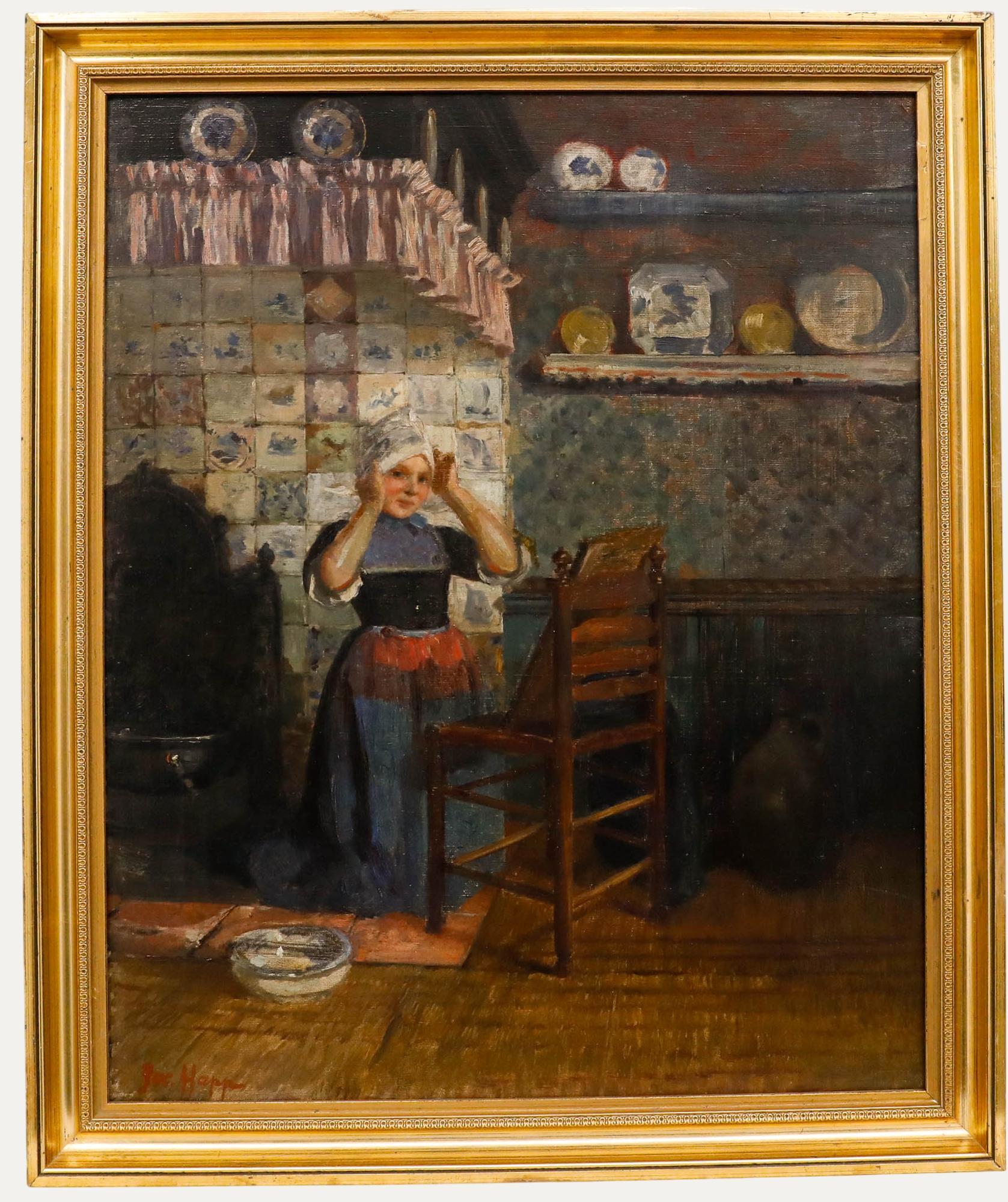 Portrait Painting Unknown - Jokob Happ (1861-1936) - Fin du XIXe siècle Huile, Une jeune fille à Delft
