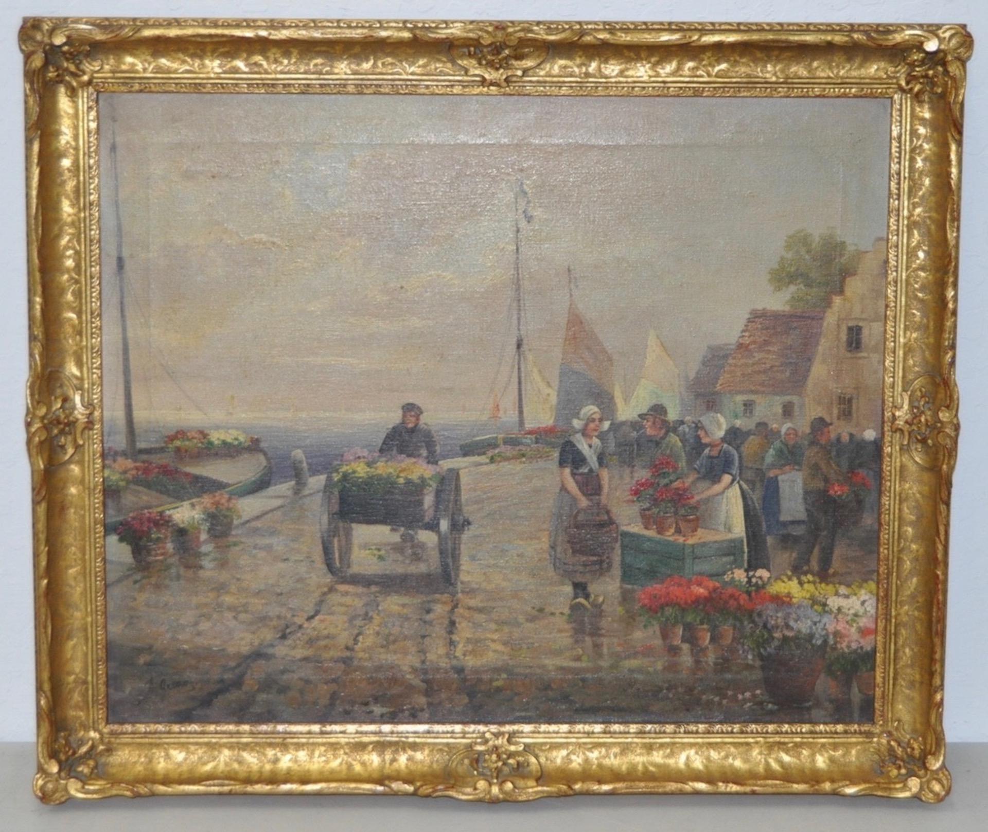 Unknown Figurative Painting - Jorge Manvel Gregos "Dutch Flower Vendors" Original Oil on Canvas 19th c.