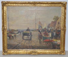 Antique Jorge Manvel Gregos "Dutch Flower Vendors" Original Oil on Canvas 19th c.