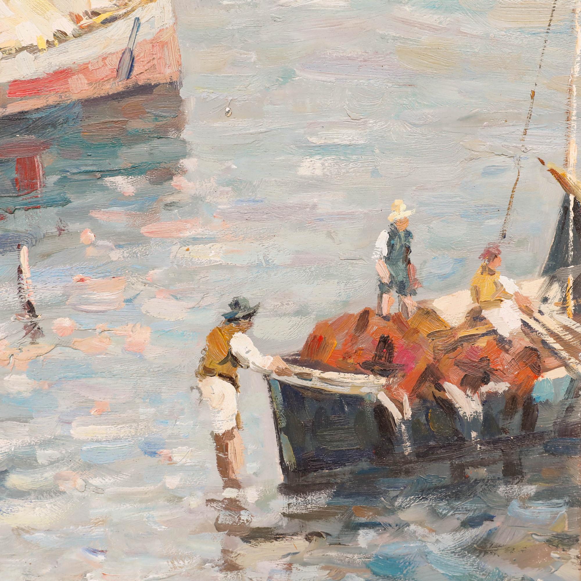 Diese bezaubernde Seelandschaft des Künstlers Jose Casanova (1933-1989) aus dem 20. Jahrhundert ist mit weichen, impressionistischen Pinselstrichen und einer reizvollen Pastellpalette gemalt, die die ruhige Gelassenheit der Szene widerspiegelt. Der