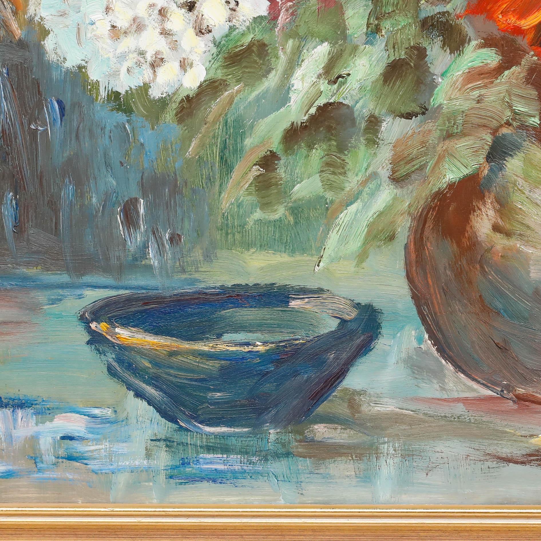 A vibrant study of a summer bouquet of colourful blooms captured in expressive, gestural brushstrokes. 

Signed. Presented in a gilt frame. On board. 