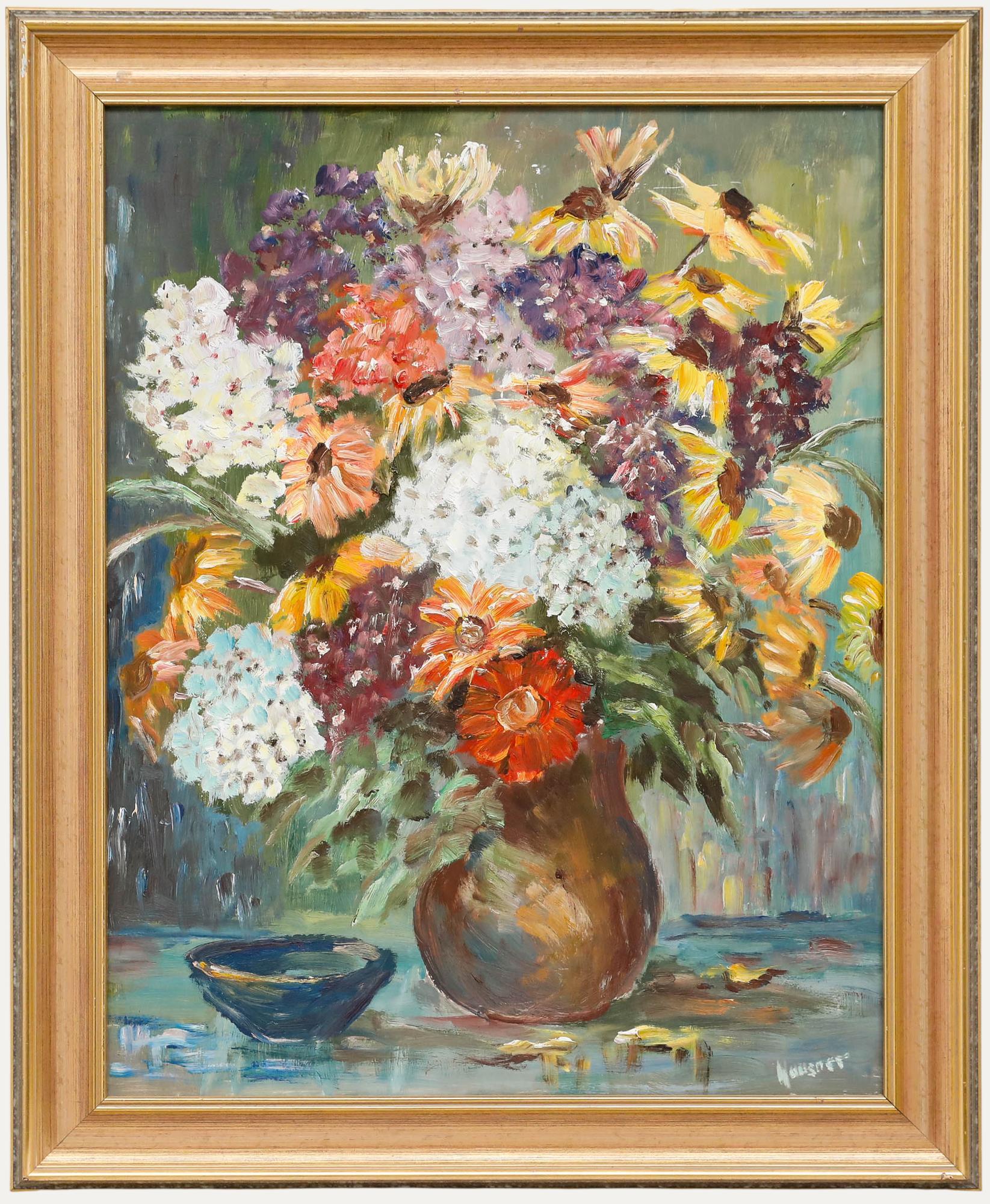 Unknown Still-Life Painting - Josef Hausner (1920-1997)  - 20th Century Oil, Hydrangeas and Echinacea