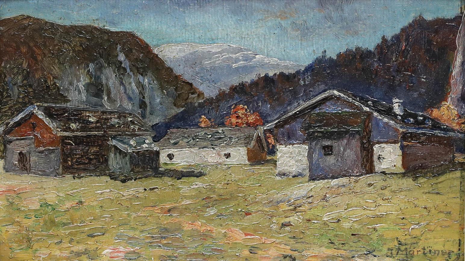 Josef Märtiner - Huile encadrée du milieu du 20e siècle, Soirée dans les Karwendel - Painting de Unknown