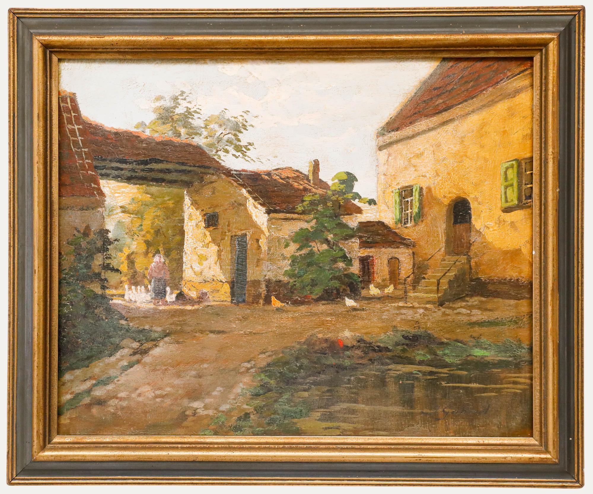 Joseph Gabriel - Huile encadrée du début du 20e siècle, Morning Feed