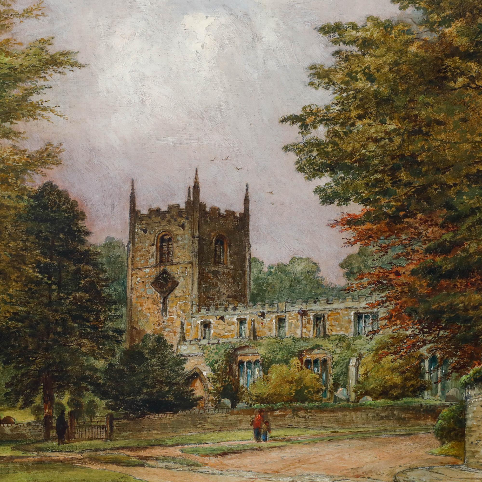 Joseph Haslam Hawksworth (1827-1908) - Olio incorniciato, St. James the Great, Norton - Landscape Painting Marrone di Unknown