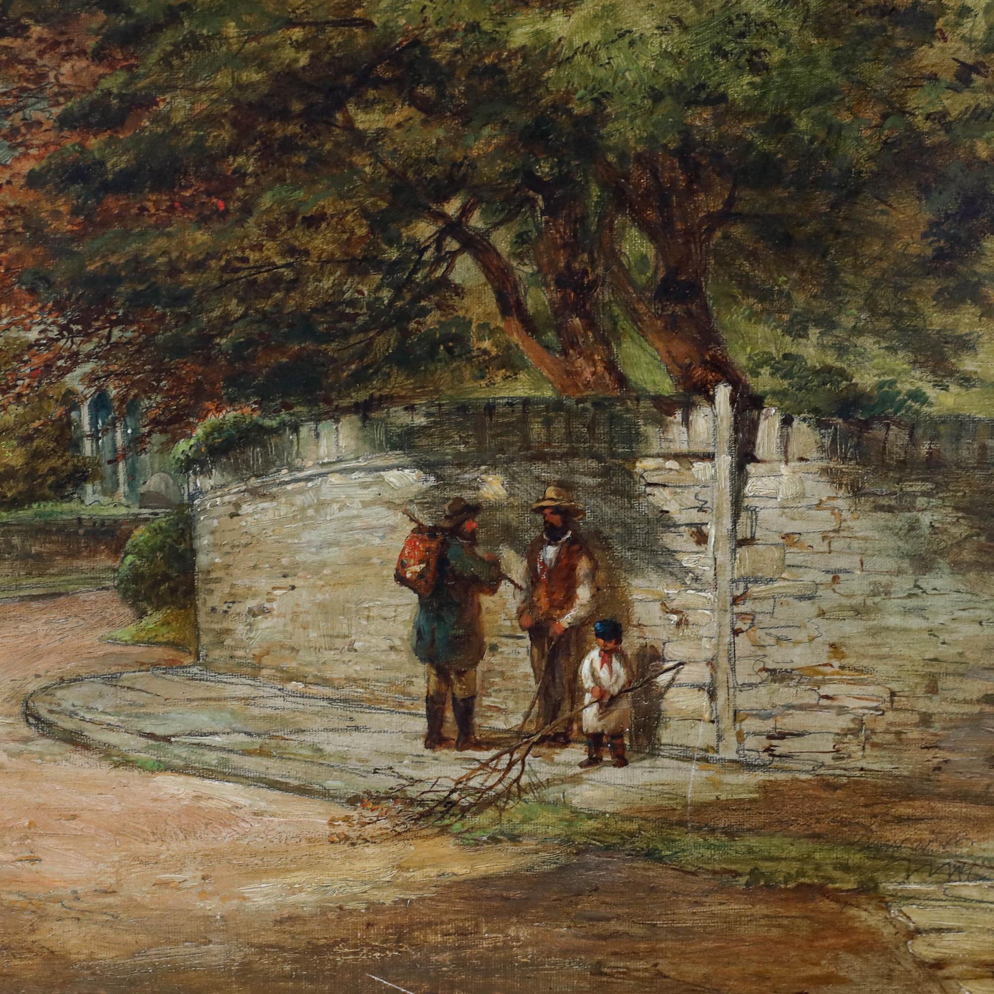 Un dipinto a olio originale dell'artista britannico Joseph Haslam Hawksworth (1827-1908). Un affascinante studio della chiesa parrocchiale di Norton con figure in primo piano. Ben presentato in un'antica cornice dorata con delicati motivi a correre,