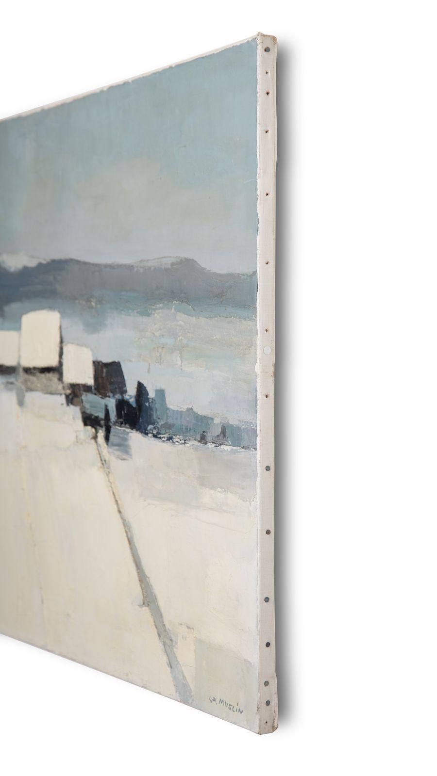 Joseph Muslin Landschaftsgemälde auf Leinwand Hiver Vosgien \Winter Village Frankreich im Angebot 1