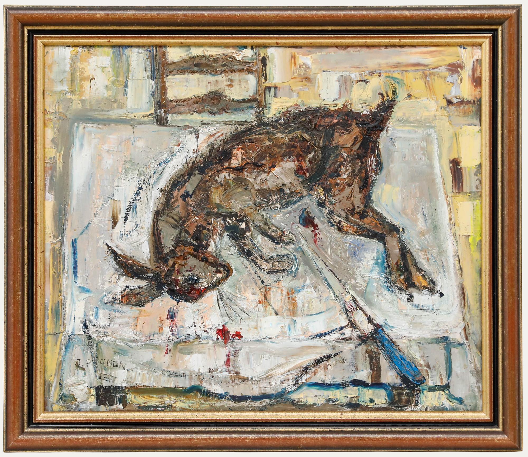Unknown Still-Life Painting - Joseph Pignon (1920-1990)  - Mid 20th Century Oil, Still Life With a Hare