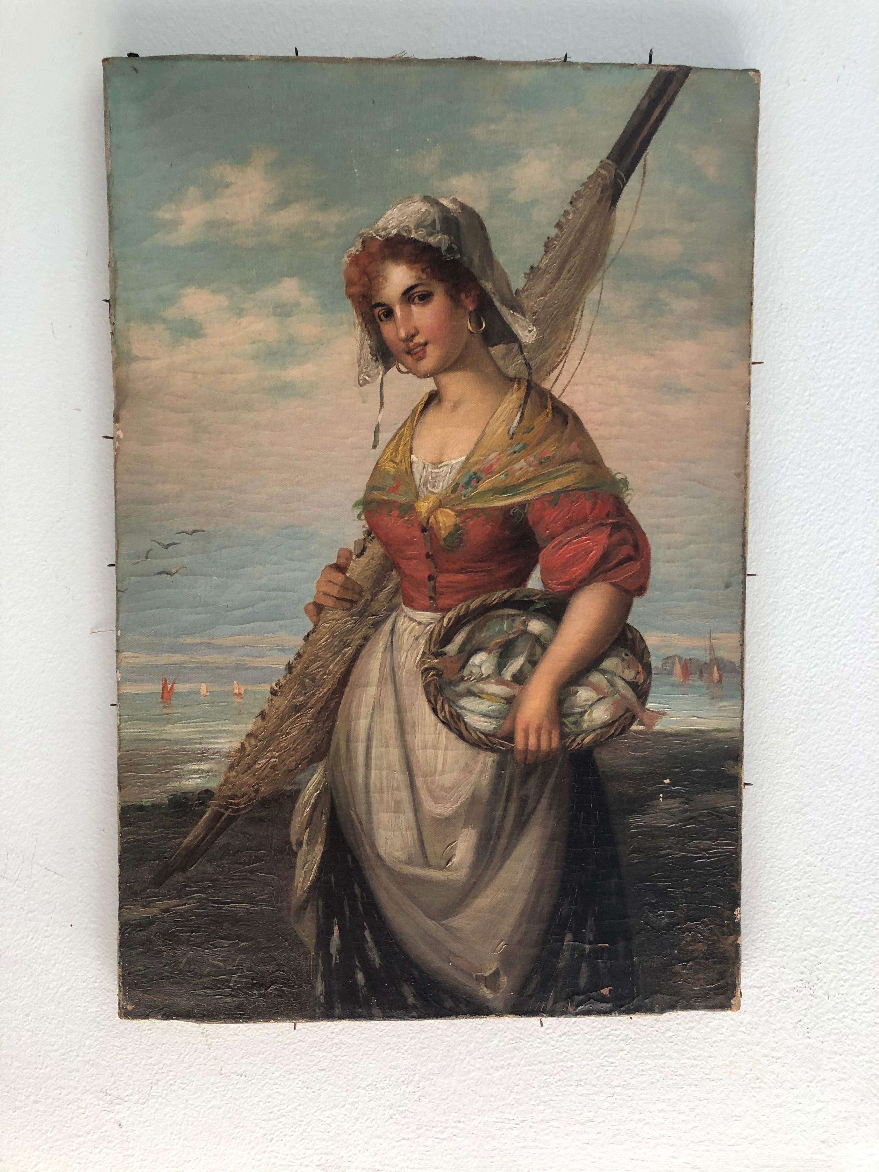 Joseph Wilhelm Suhs : 1864-1938. Artiste allemand listé avec des records d'enchères de plus de 4500 $. Cette huile sur toile représentant une charmante femme apportant la prise du jour mesure 18 3/4 pouces de haut sur 12 1/2 de large. Il n'est pas
