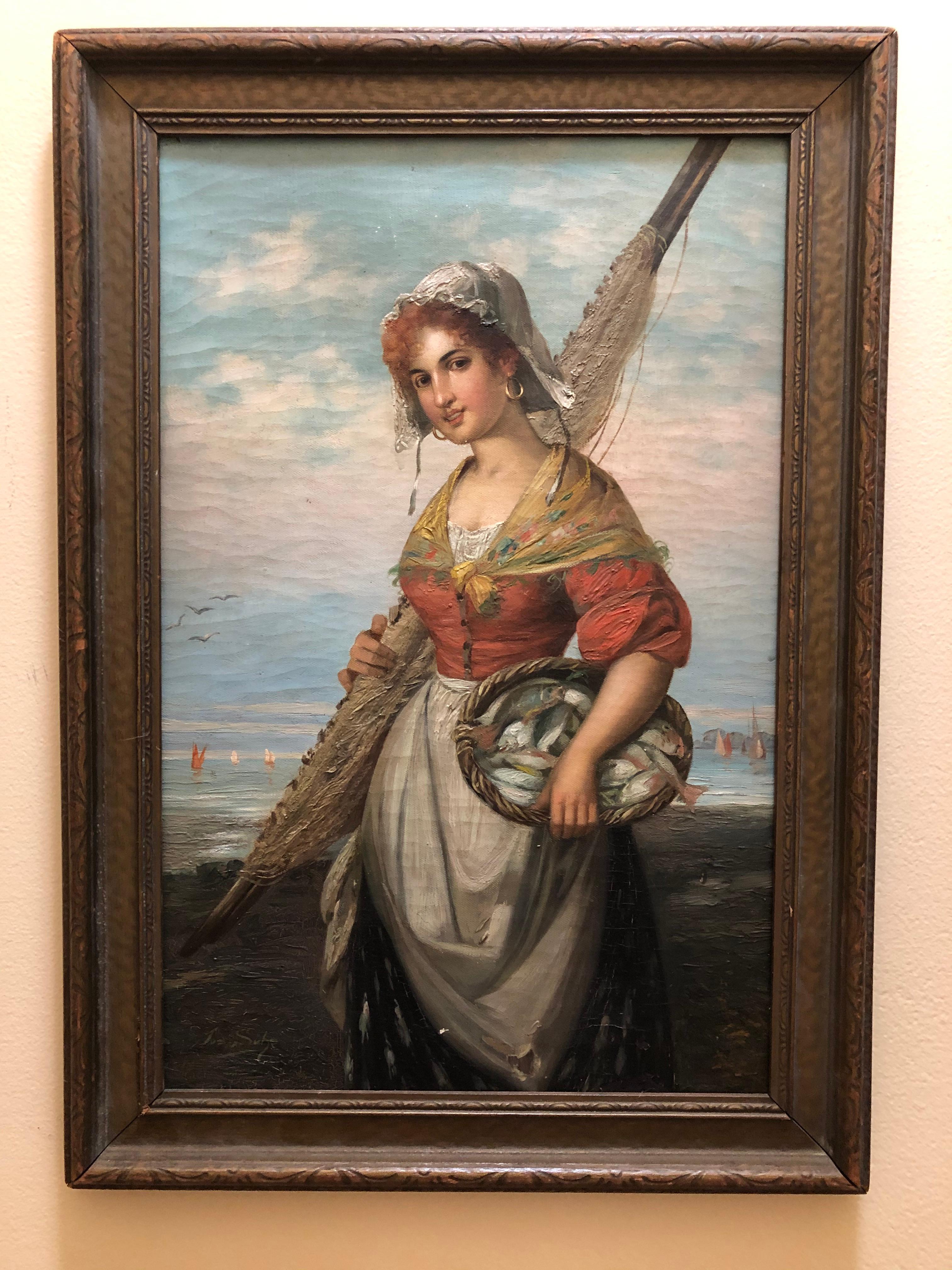 Unknown Figurative Painting - Joseph Wilhelm Suhs Fisherwoman