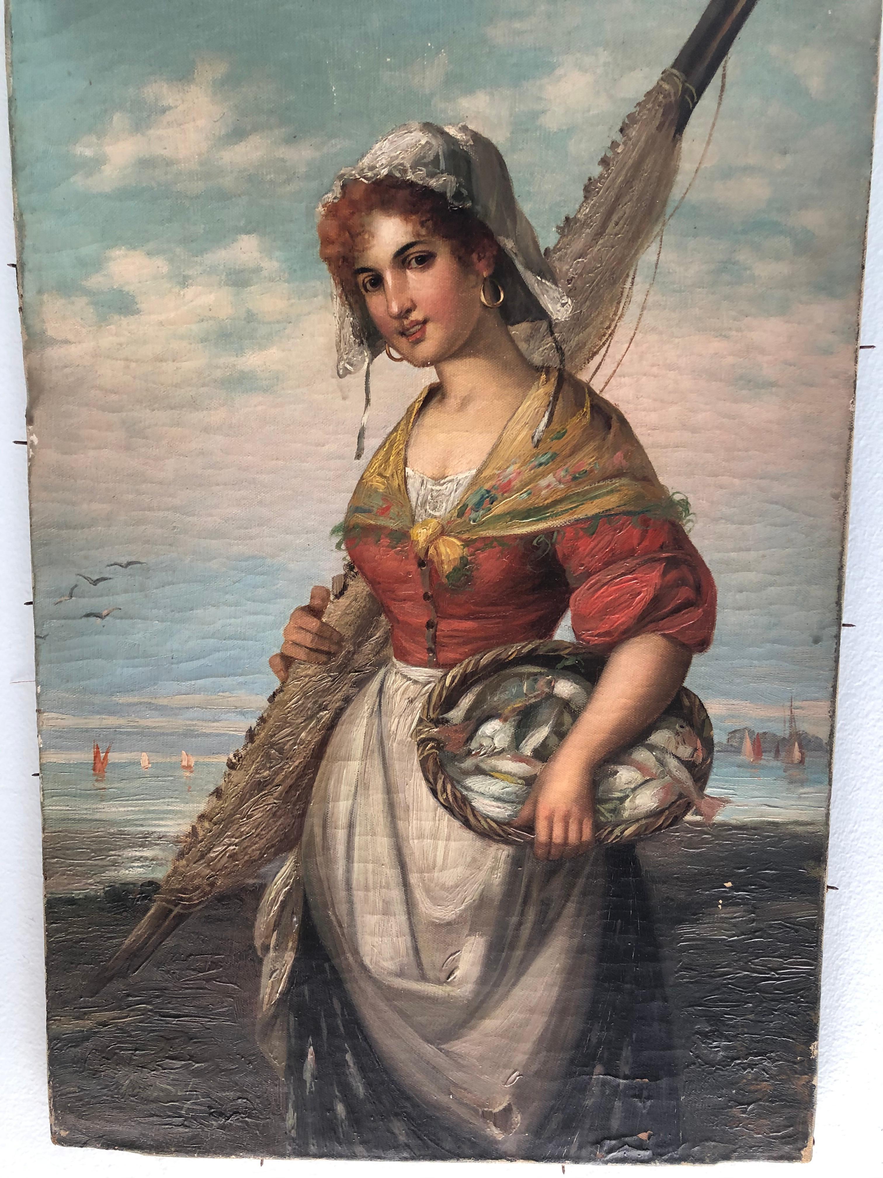 Mme Fisherwoman Joseph Wilhelm Suhs - Gris Figurative Painting par Unknown
