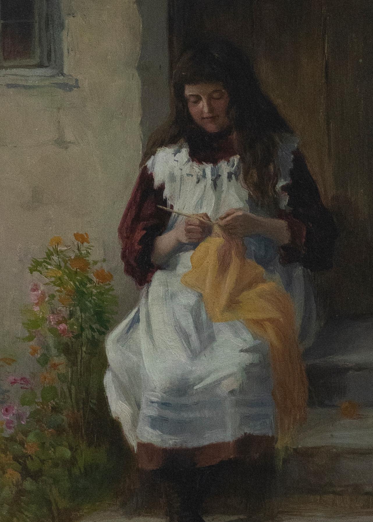 Joshua Fisher (1859-1930) - Late 19th Century Oil, Knitting Grandma's Shawl - Painting by Unknown