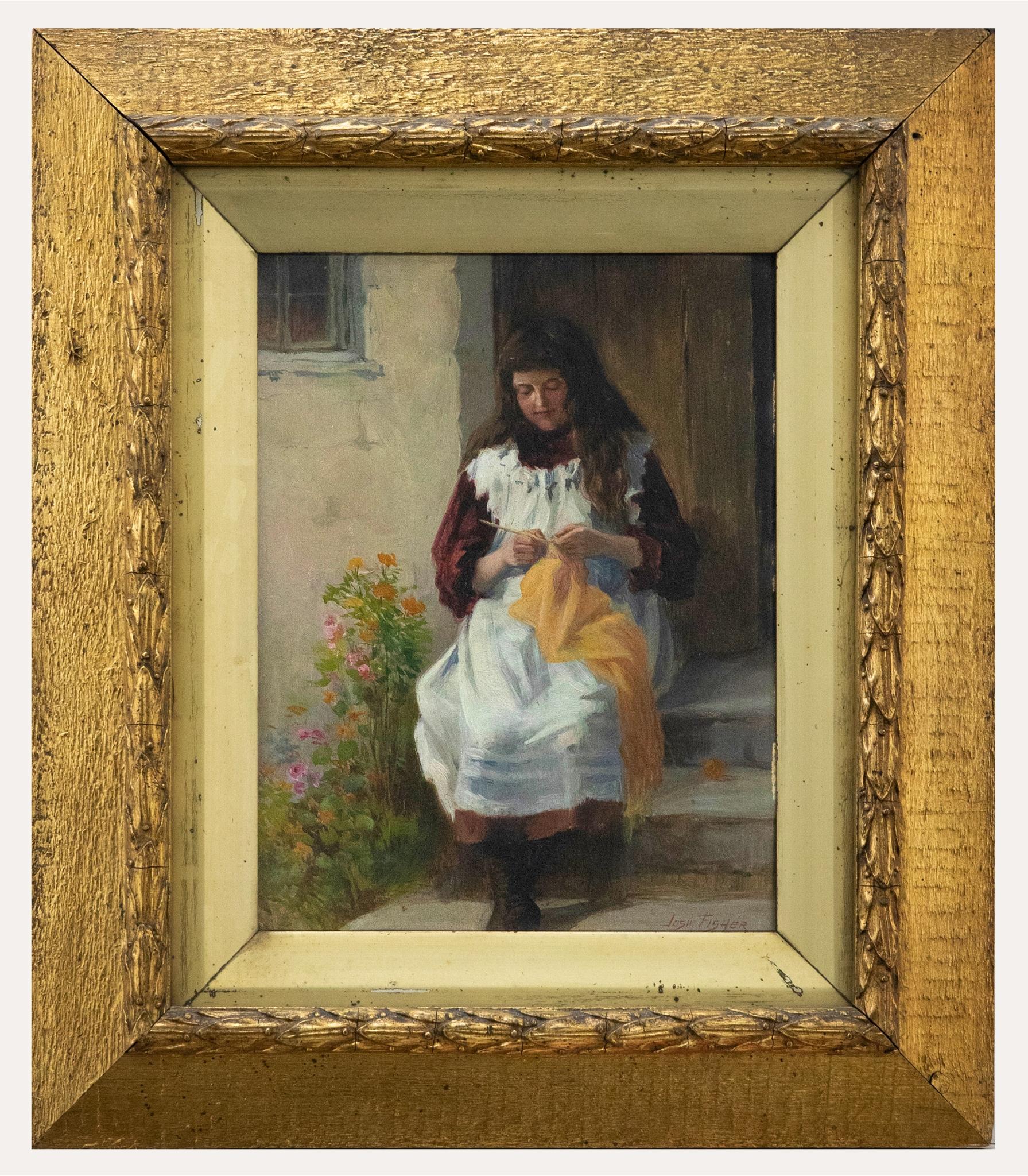 Unknown Portrait Painting - Joshua Fisher (1859-1930) - Late 19th Century Oil, Knitting Grandma's Shawl