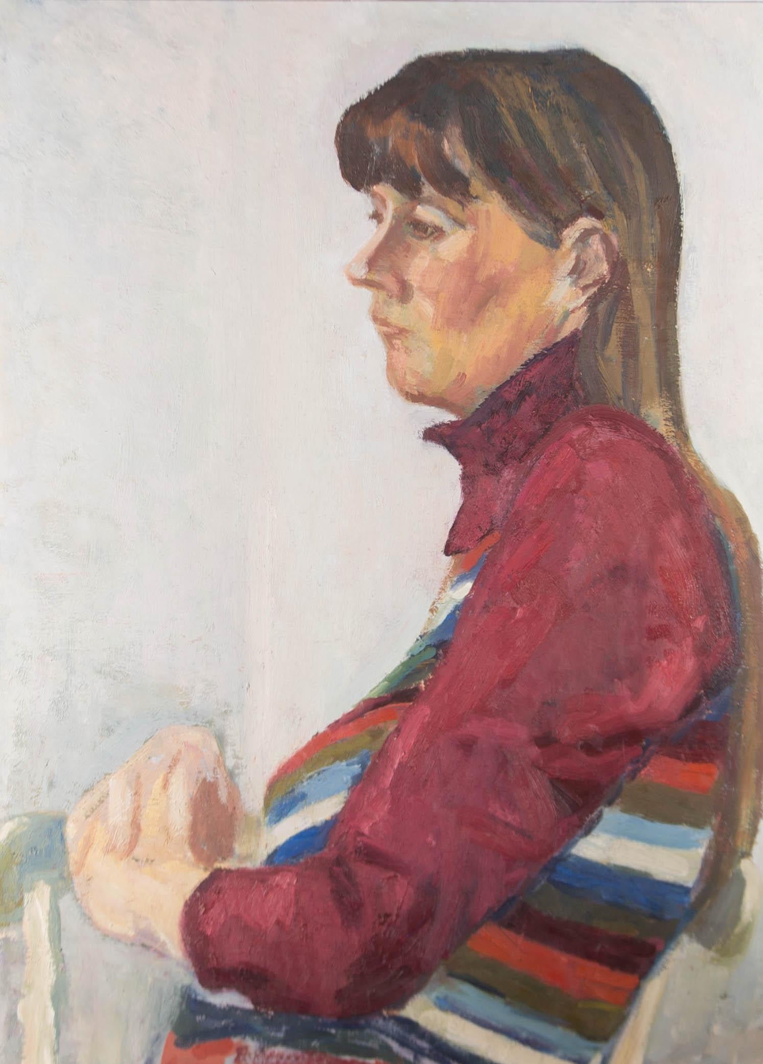 Impastoed oils provide gestural subtleties to this muted portrait of a woman lost in contemplation. The overall artwork provides a subdued, quiet atmosphere. Unsigned.
On wove.