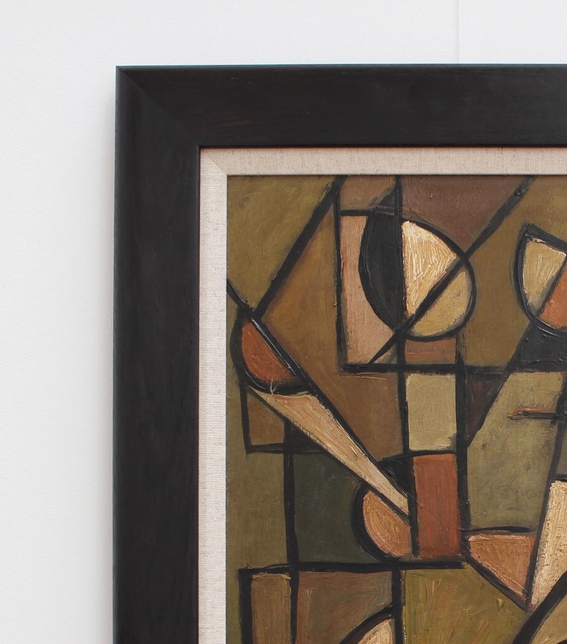 'Joyful Reunion', oil on board, by R.F. (circa 1940s -1950s). A blissful young couple are reunited in this cubist piece. It is an expressive work with distinctive character. The subdued earth tones are beautifully harmonious and the image balanced