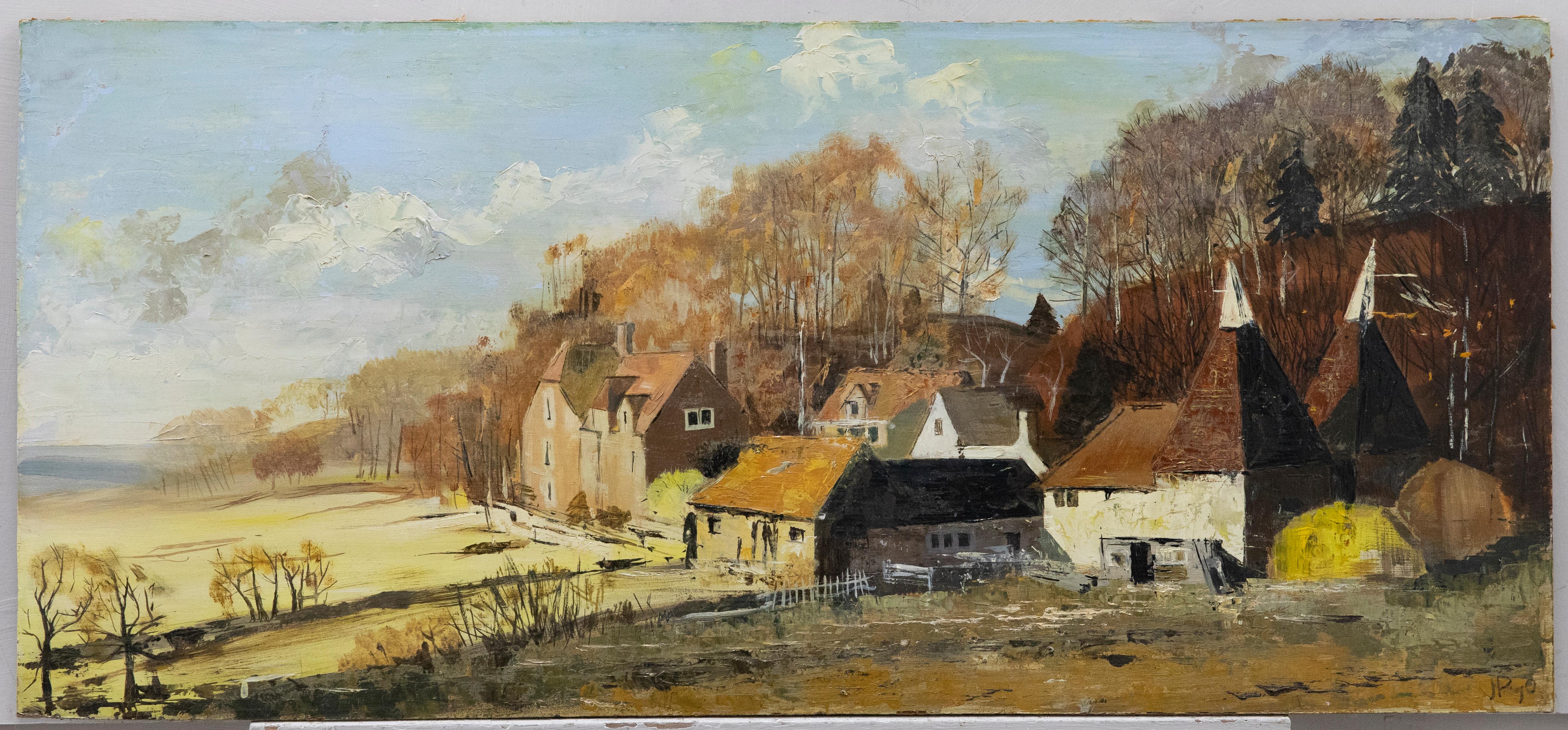 J.P - Mid 20th Century Oil, Oast Houses on the Farm - Painting by Unknown