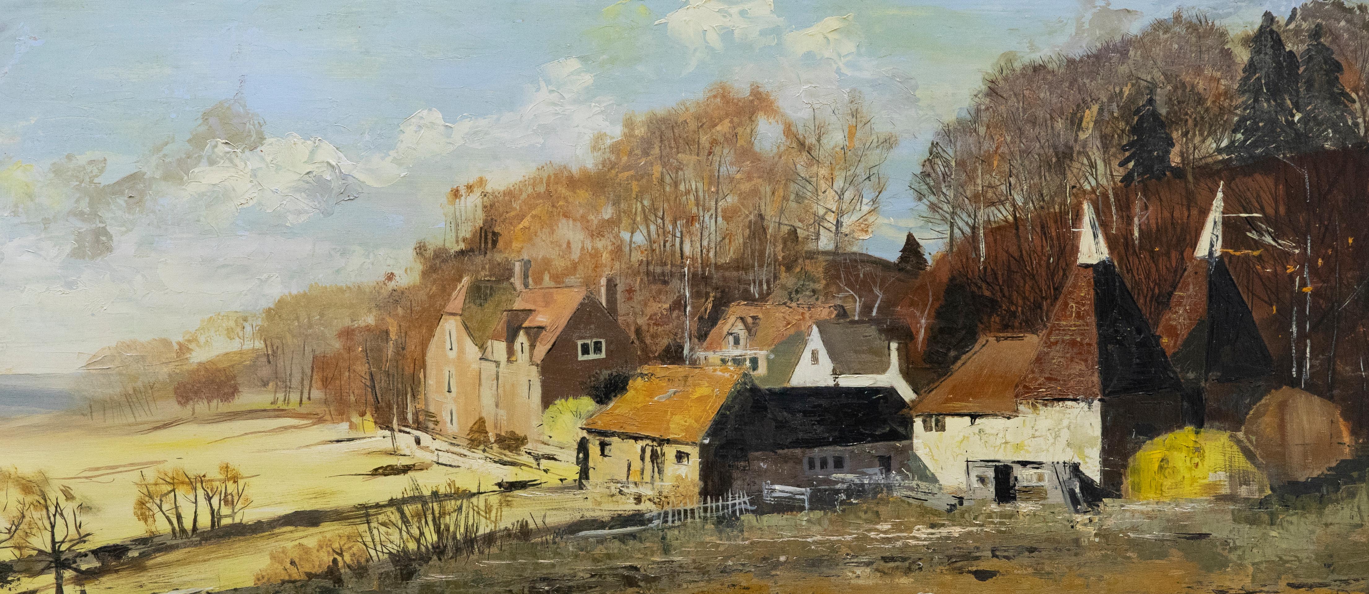 Unknown Landscape Painting - J.P - Mid 20th Century Oil, Oast Houses on the Farm