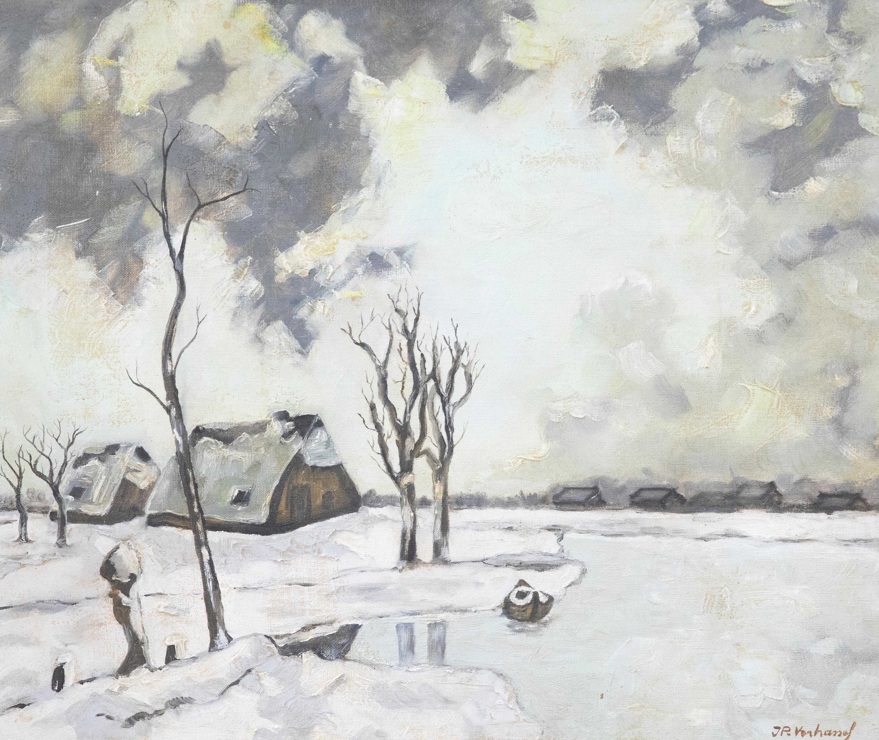 JP. Veahanef - Framed 20th Century Oil, Winter Landscape with Cottages - Painting by Unknown