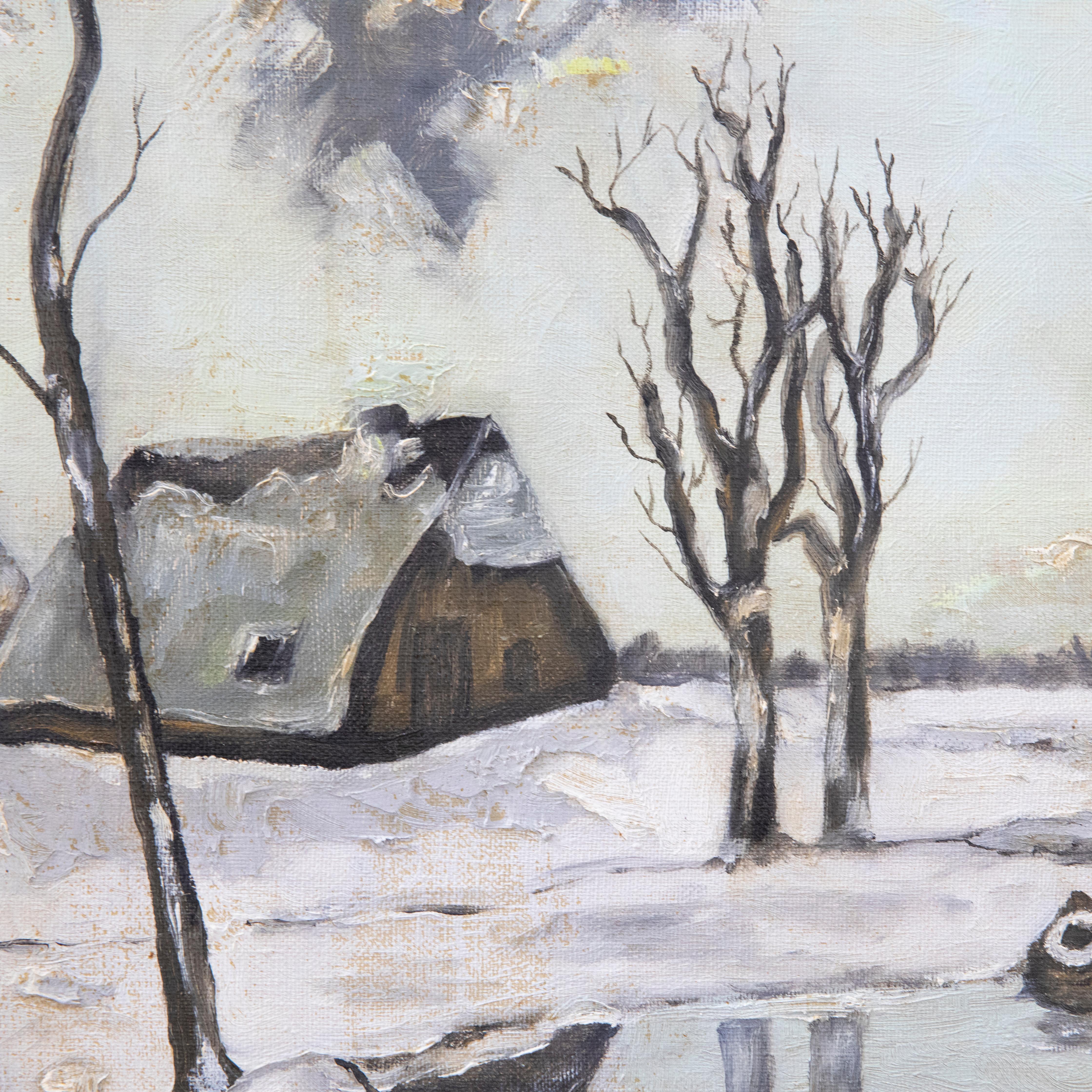 JP. Veahanef - A naive winter landscape with cottages amongst snow. Well presented in a 20th century gilt frame with a soft linen window. Signed. On canvas on stretchers.
